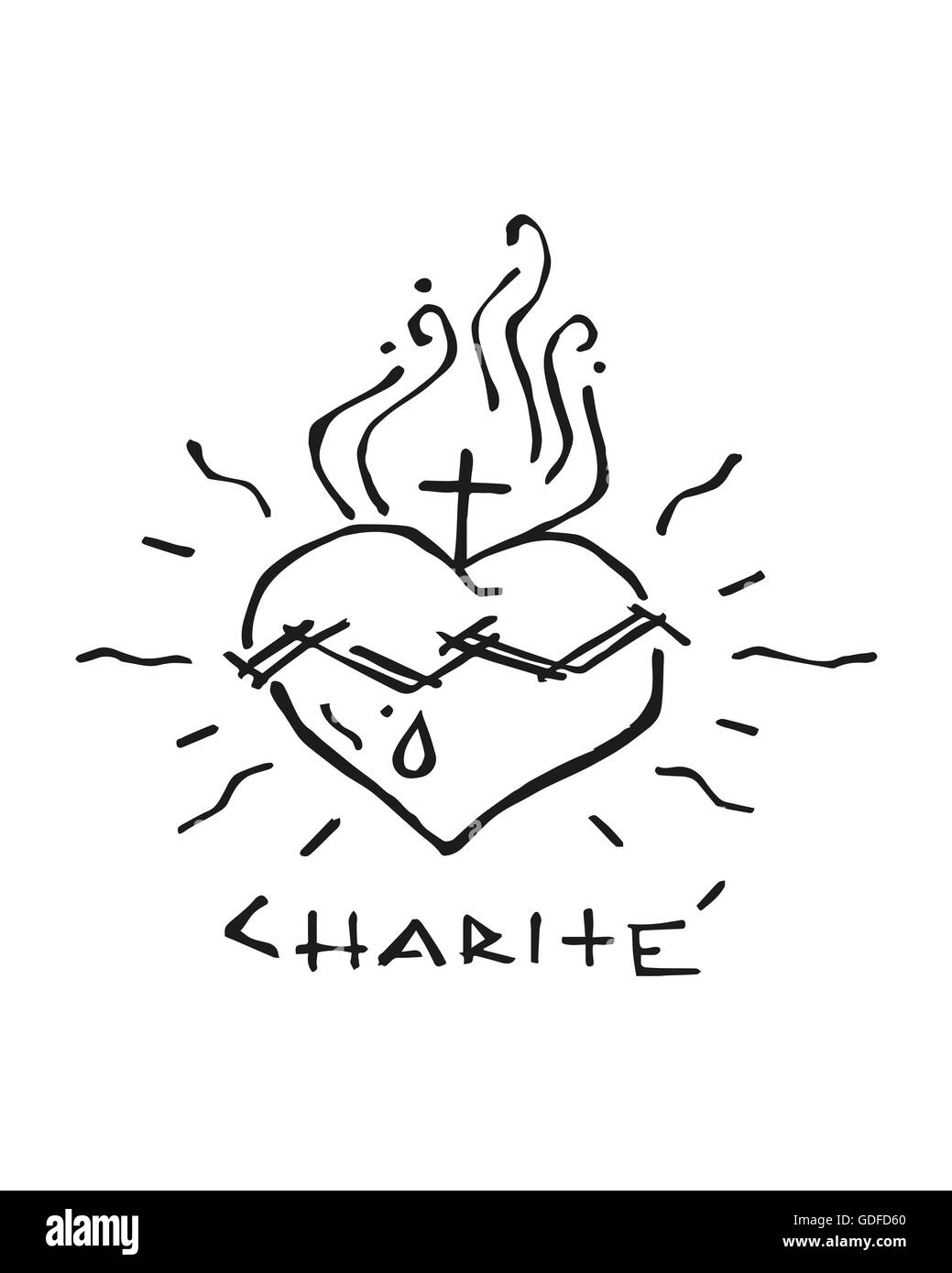 Hand drawn vector illustration ou dessin de la Charité de Jésus Christ Sacré Coeur Banque D'Images
