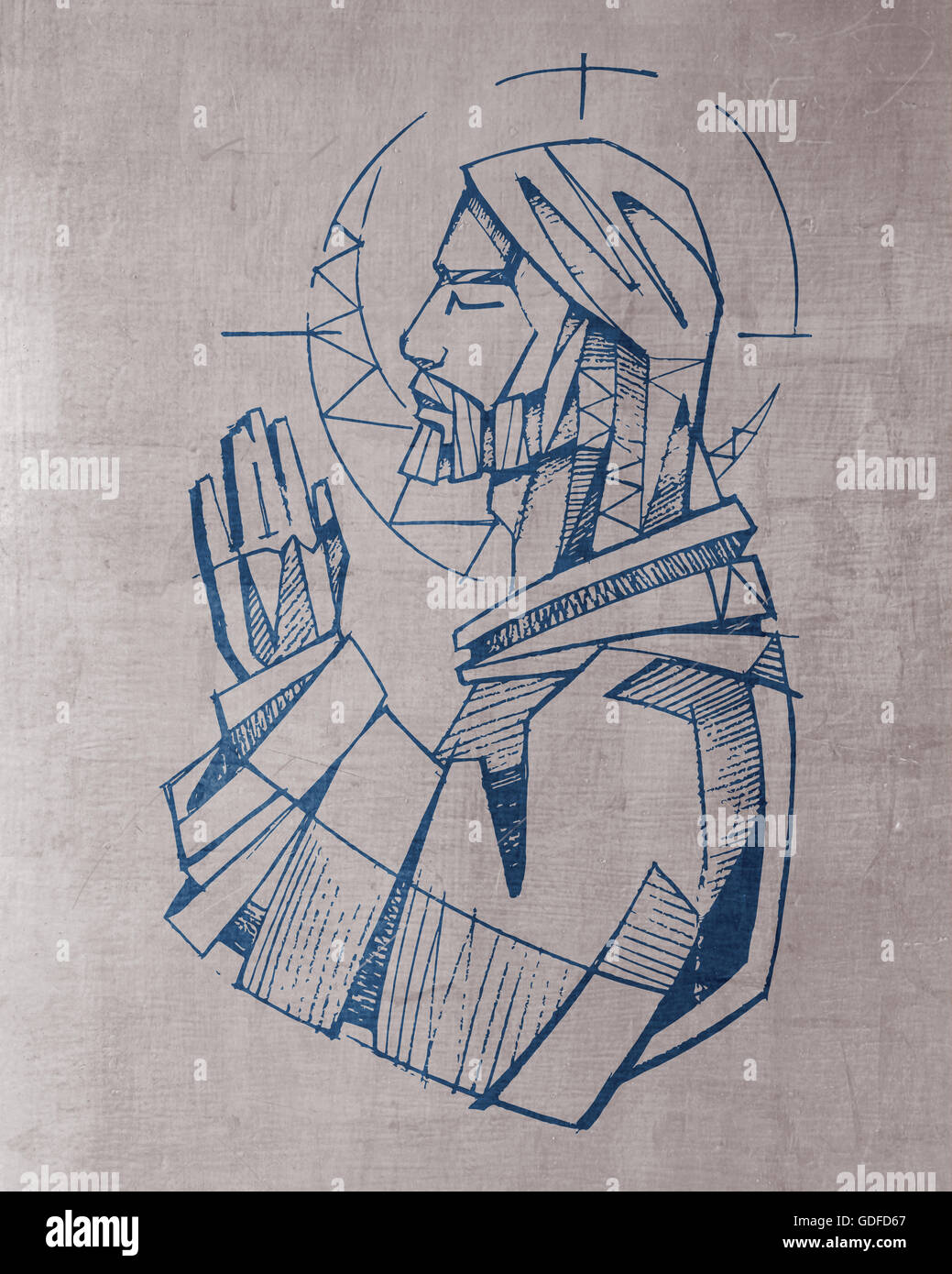 Illustration à la main ou un dessin de Jésus Christ priant Banque D'Images