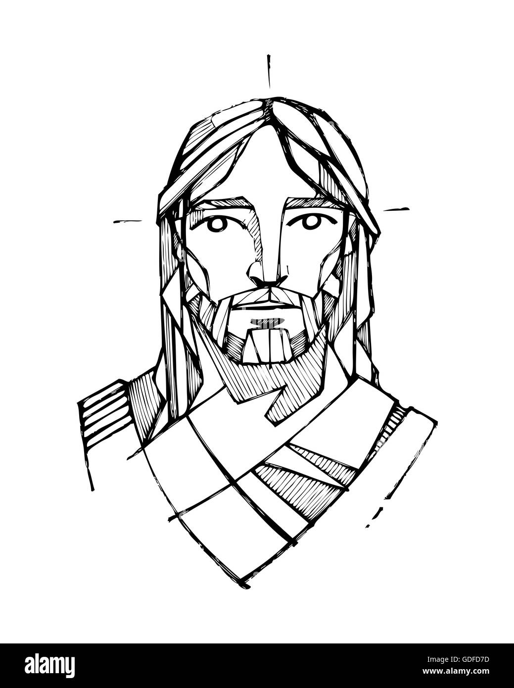 Hand drawn vector illustration ou dessin du visage de Jésus Christ Banque D'Images