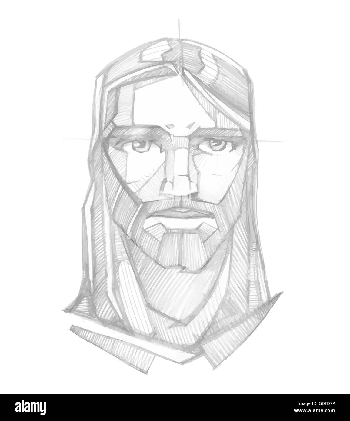 Hand drawn vector illustration croquis au crayon ou un dessin de Jésus Christ face avec une expression sereine Banque D'Images
