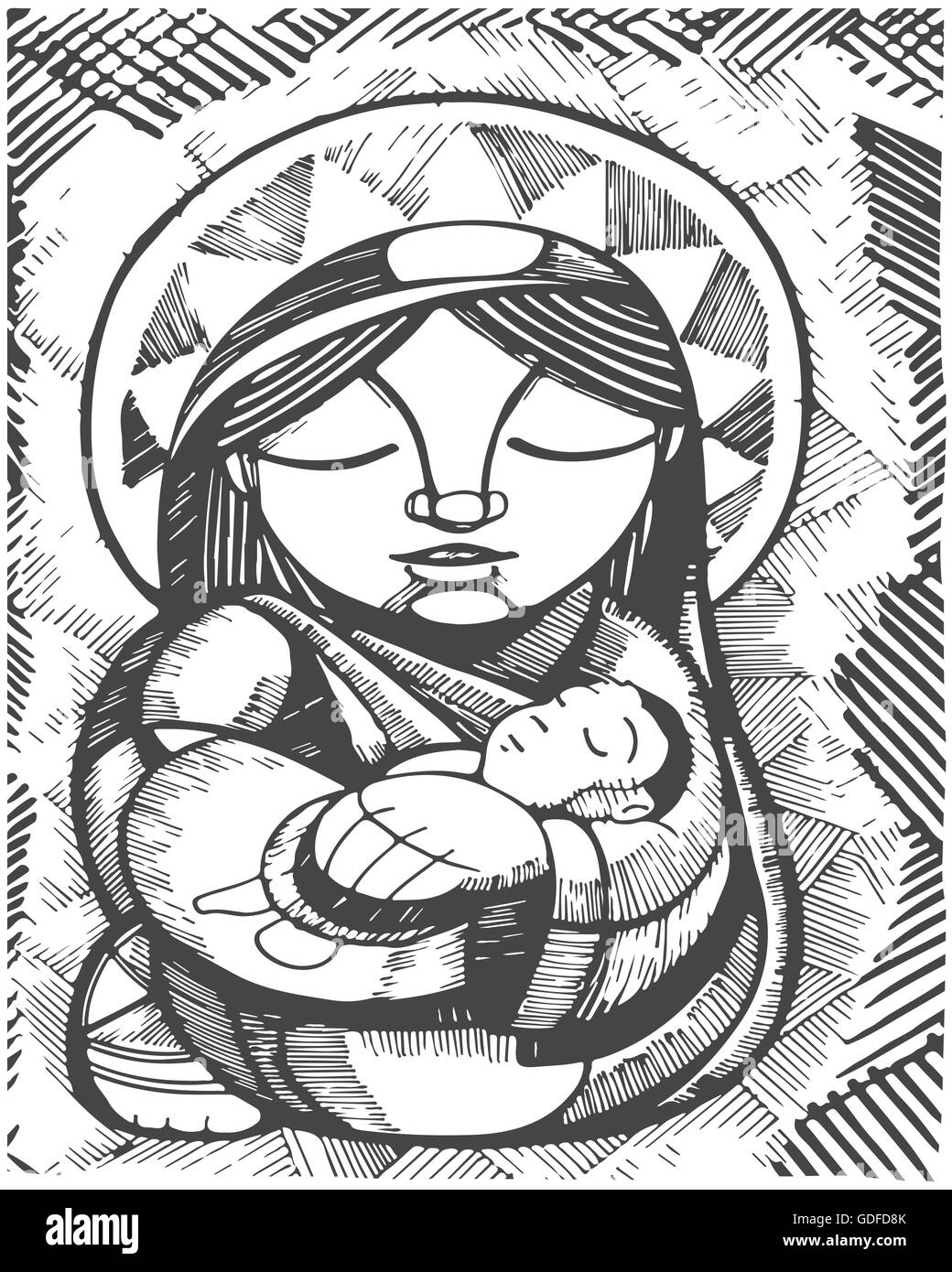 Illustration à la main ou d'un dessin de la Vierge Marie la mère et l'Enfant Jésus Christ, dans un style indigène Banque D'Images