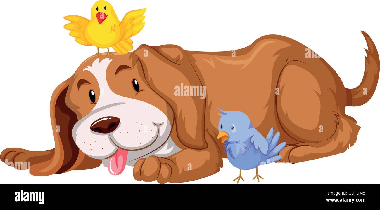 Chien de compagnie avec deux oiseaux illustration Illustration de Vecteur