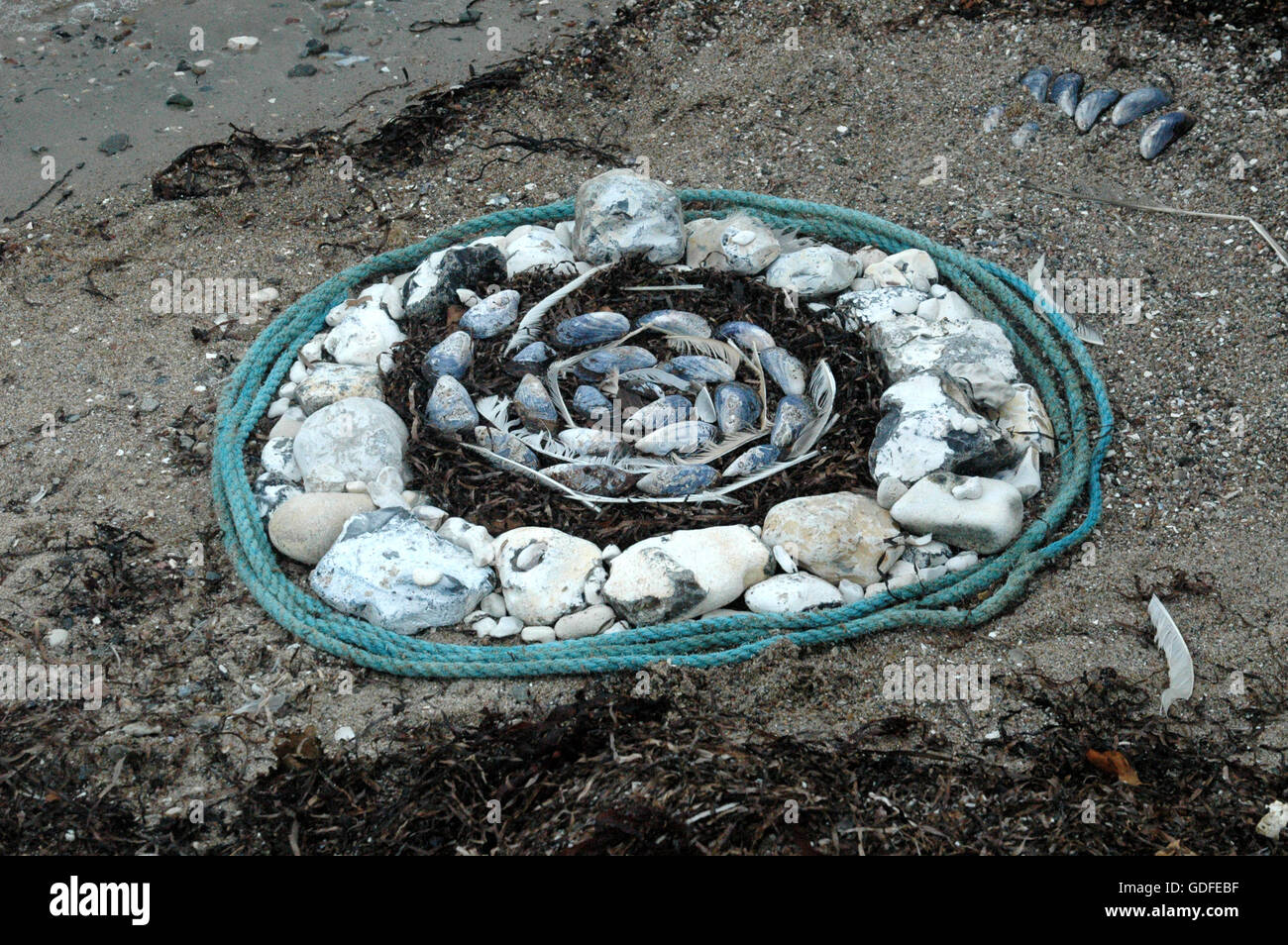Beach art faite avec ce qui venait à la main, des figures abstraites et des animaux. Banque D'Images