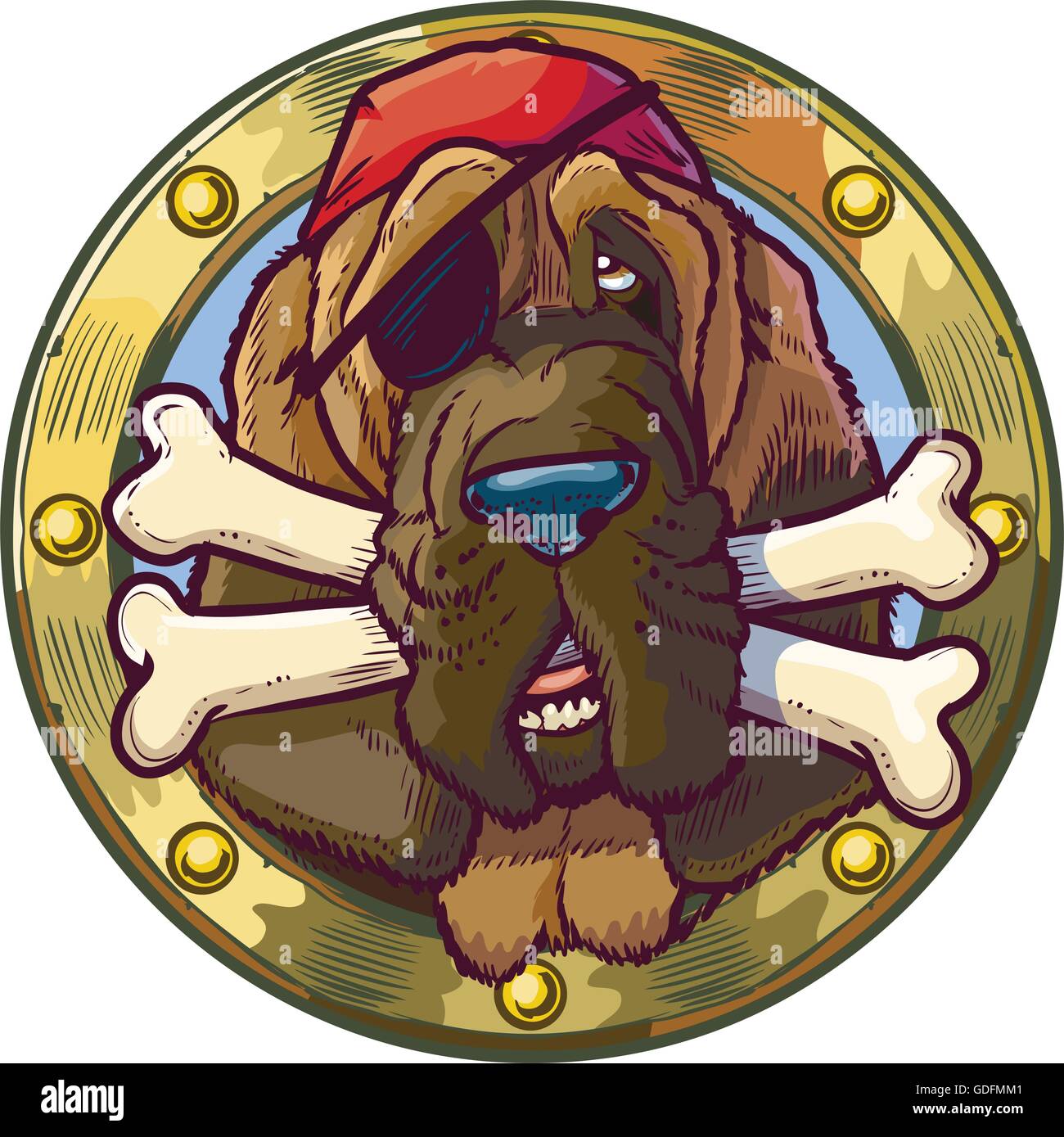 Vector cartoon clip art illustration d'une tête de chien bloodhound pirate dans un hublot avec des os croisés dans sa bouche. Illustration de Vecteur