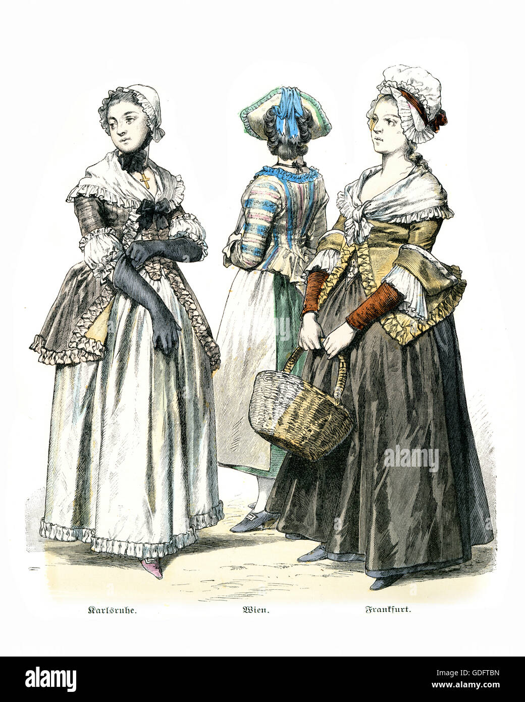 Modes du 18e siècle portant des weomen les costumes de Karlsruhe, Vienne, Francfort, Allemagne Banque D'Images