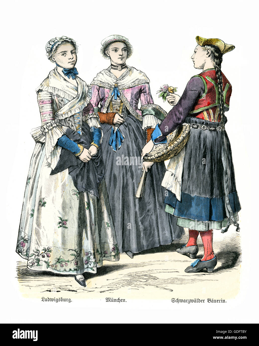 Modes du 18e siècle, les femmes portant les costumes de Ludwigsburg, Munich et la Forêt-Noire, Allemagne Banque D'Images