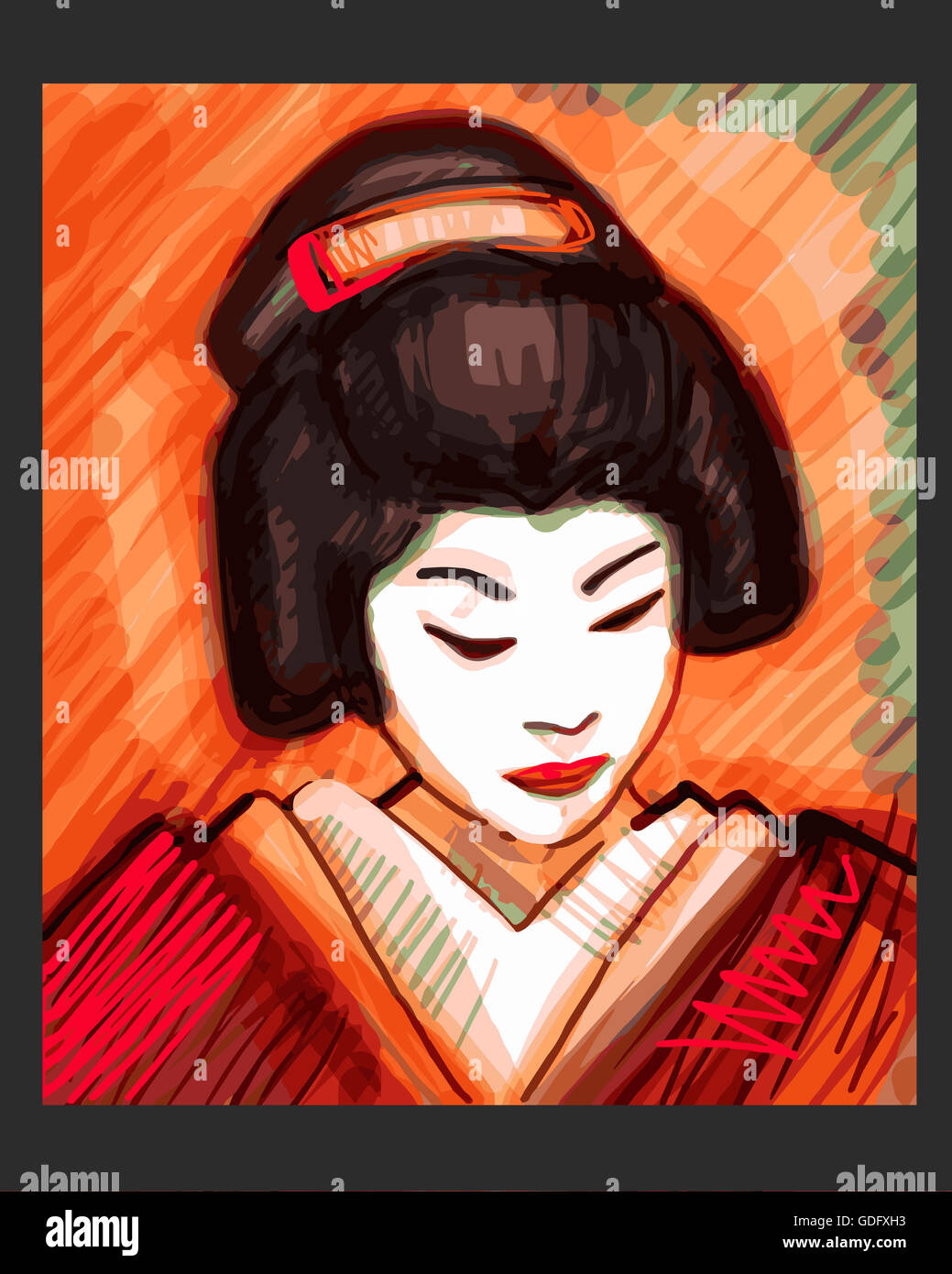 Illustration à la main ou d'un dessin d'une geisha japonaise traditionnelle Banque D'Images