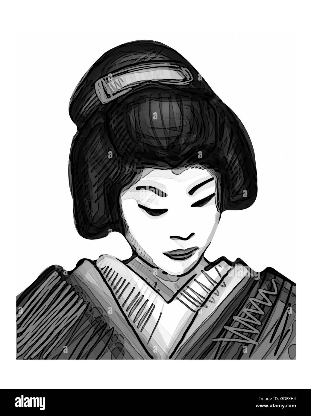Hand drawn vector illustration ou dessin d'une geisha japonaise traditionnelle Banque D'Images