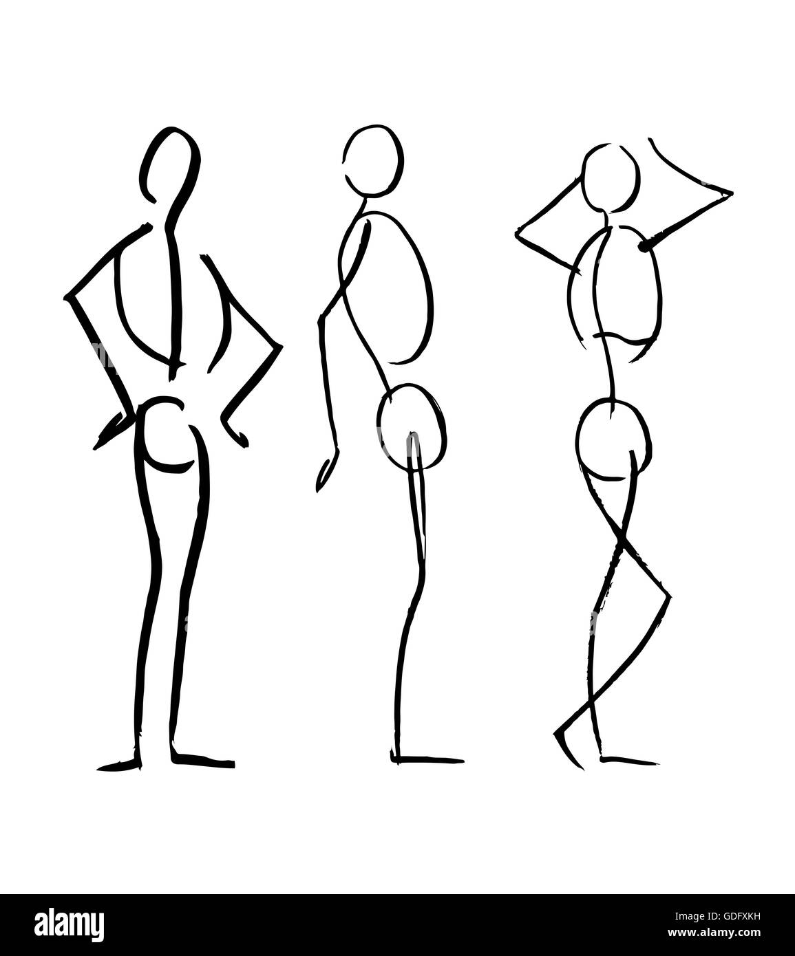 Illustration à la main ou d'un dessin de différentes positions du corps des hommes dans un style croquis Banque D'Images
