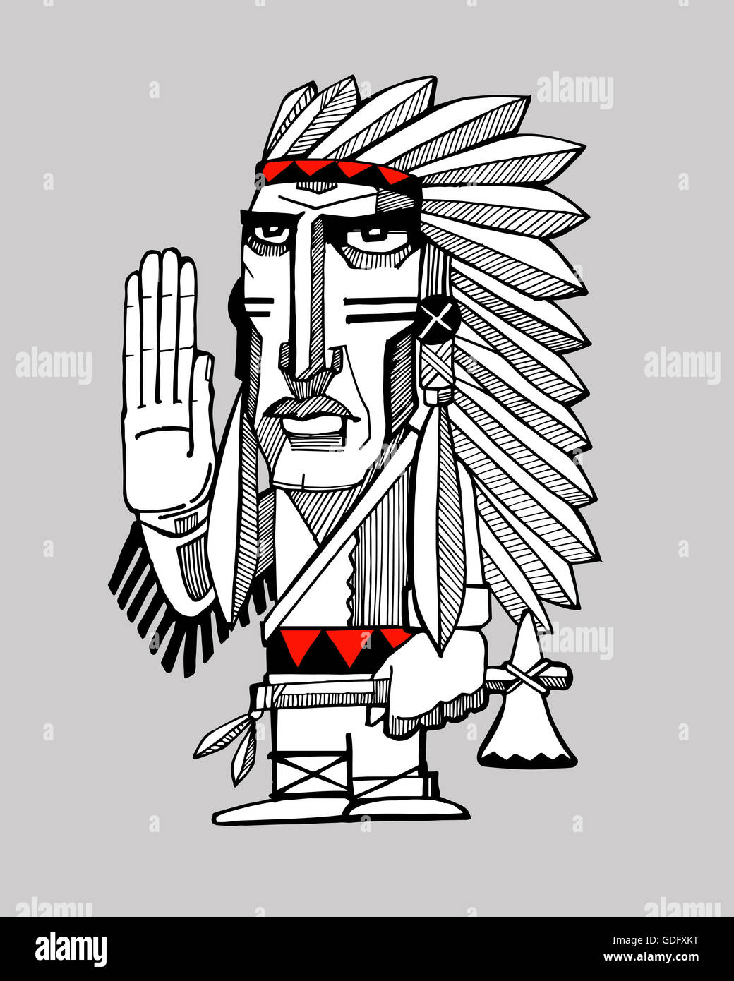 L'illustration ou le dessin à la main d'un chef apache indien dessin animé Banque D'Images