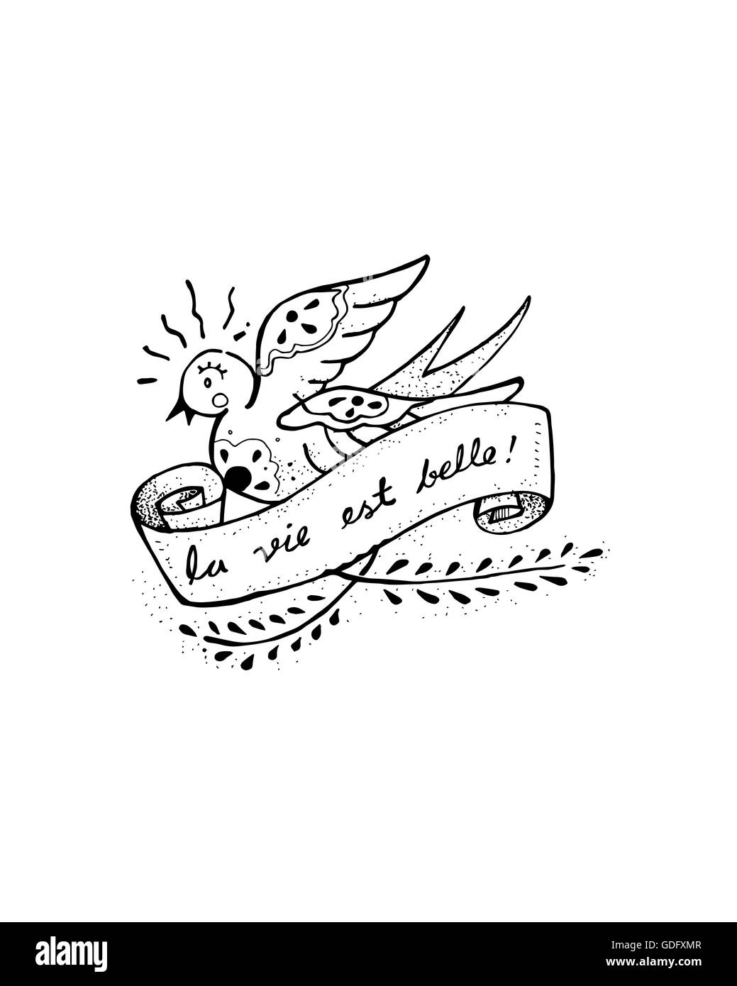 Illustration à la main ou d'un dessin d'un oiseau avaler avec un ruban qui dit que la vie est belle en français Banque D'Images