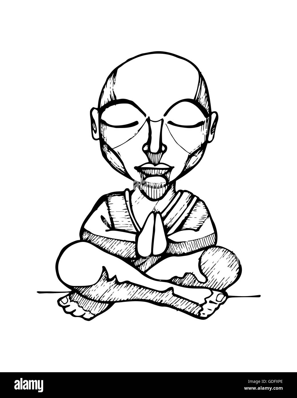 L'illustration ou le dessin à la main d'un moine bouddhiste de dessin animé Banque D'Images