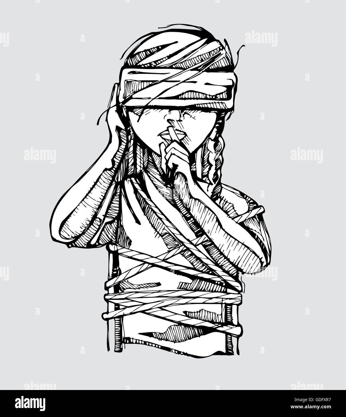 L'illustration ou le dessin à la main d'une femme liée avec un bandeau sur  les yeux, ce qui représente le problème social de viole Photo Stock - Alamy