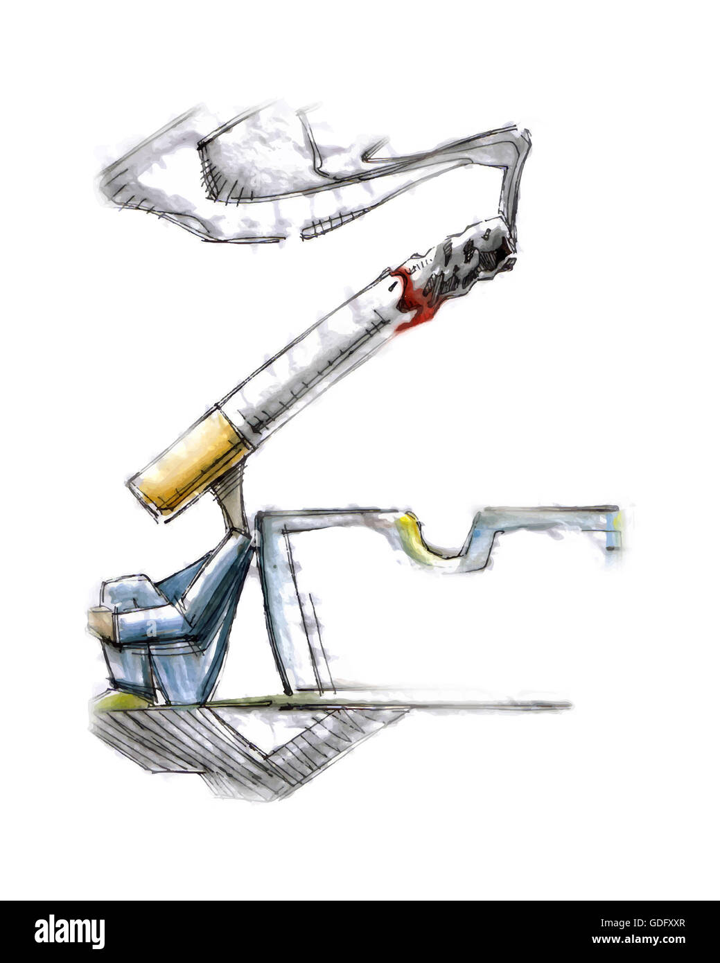L'illustration ou le dessin à la main d'un homme avec une cigarette au lieu de têtes Banque D'Images