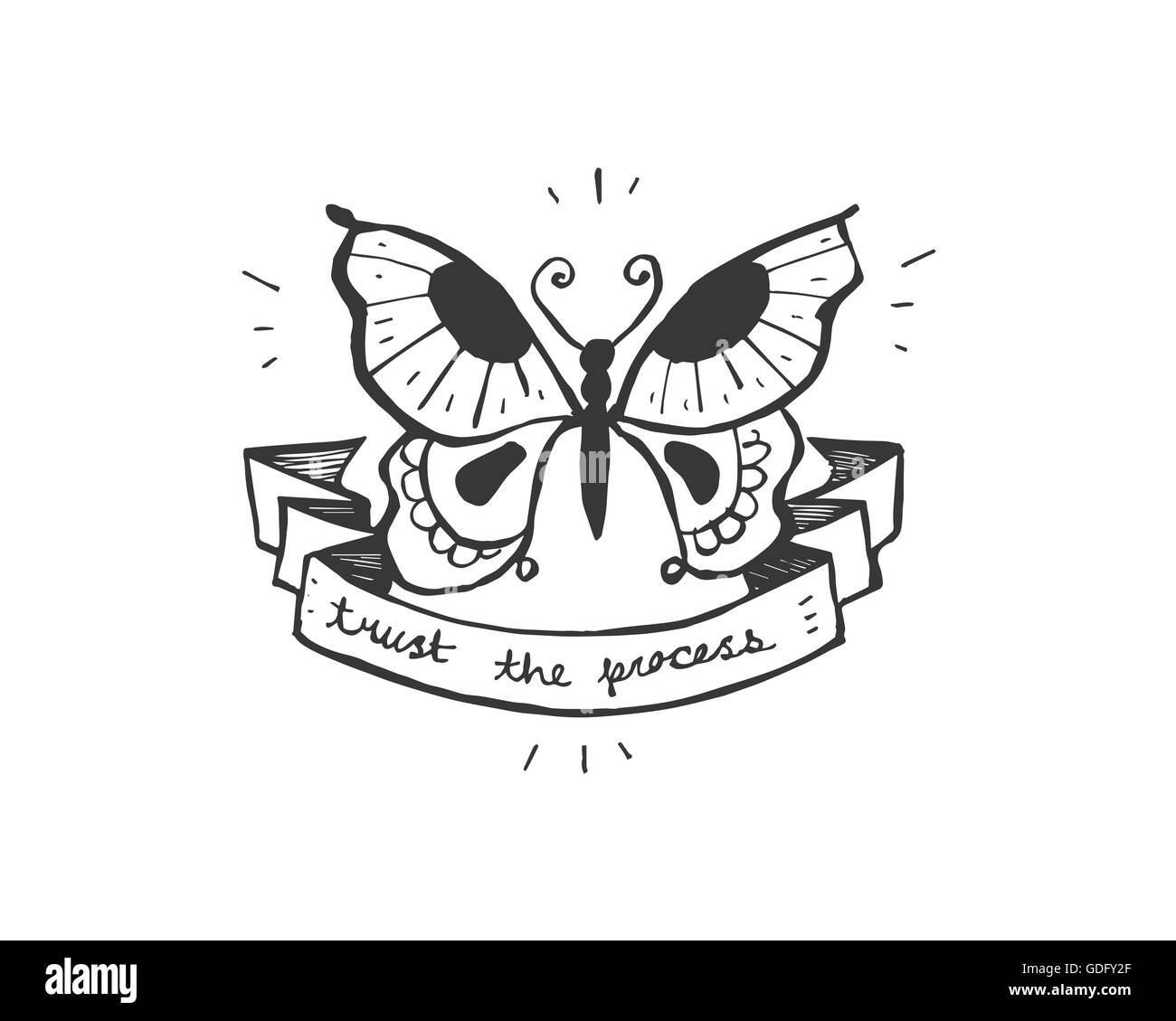 Illustration à la main ou d'un dessin d'un papillon avec un ruban qui dit faire confiance au processus Banque D'Images