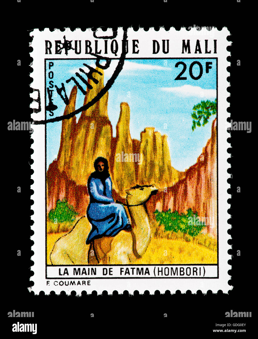 Timbre du Mali représentant la main de Fatma (formation de roche naturelle) Banque D'Images