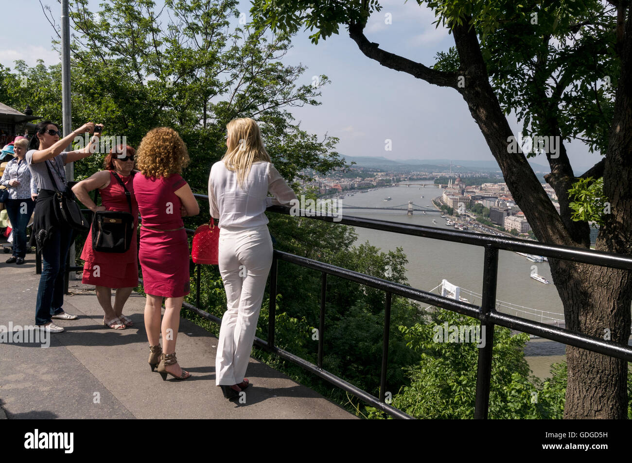 Les visiteurs admirent une vue panoramique depuis la colline Gellert du Danube à Budapest, Hongrie Banque D'Images