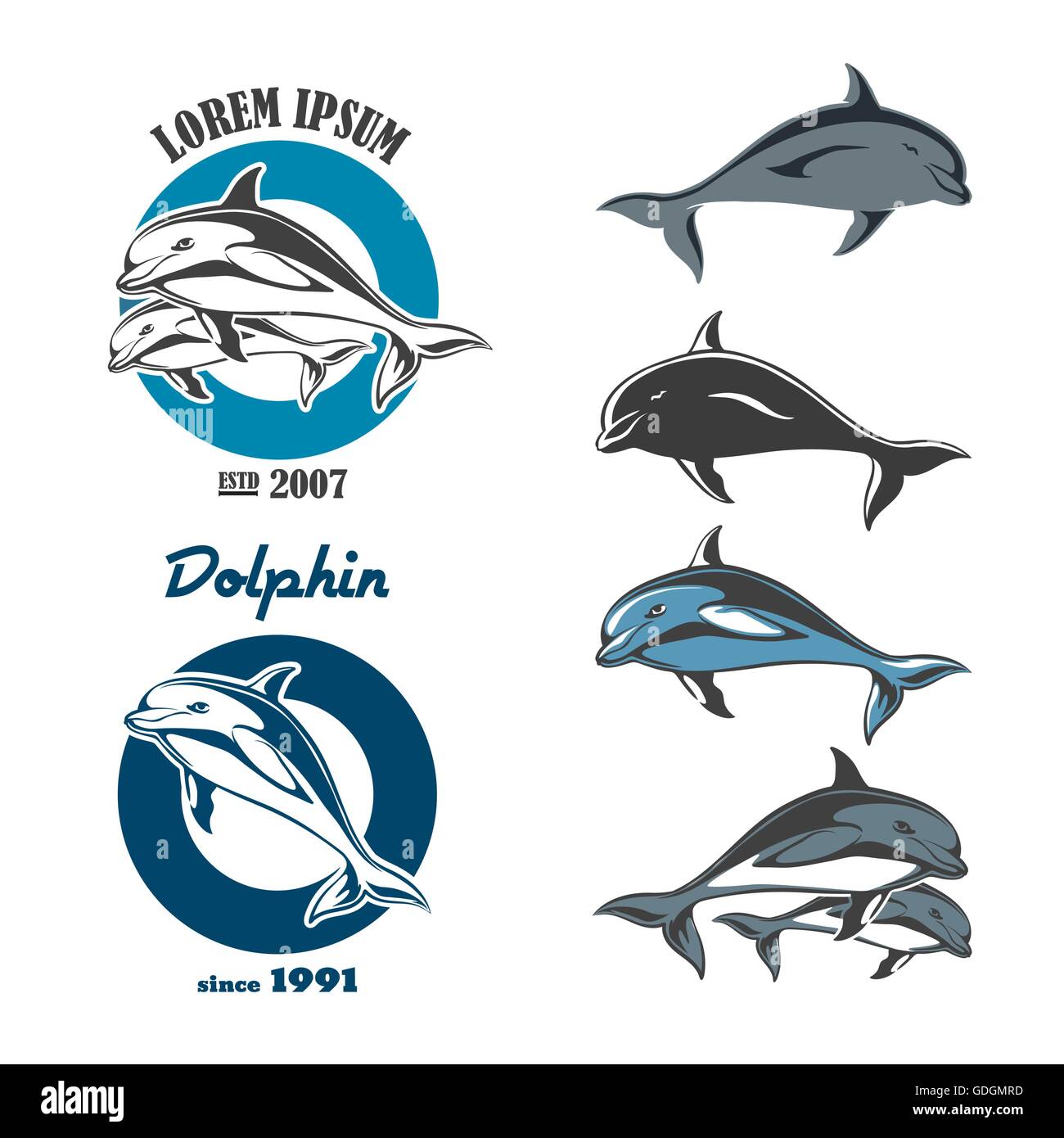 Ensemble d'emblèmes d'un dauphin. Les étiquettes et les objets isolés sur un fond blanc Illustration de Vecteur