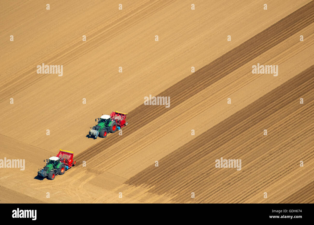 Vue aérienne, tracteurs dans un champ, de terres arables, le hersage, l'ensemencement et Linnich, Bas-rhin, Rhénanie du Nord-Westphalie, Allemagne Banque D'Images