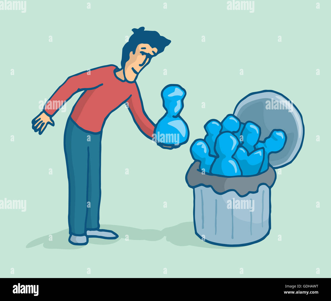 Cartoon illustration d'un homme nettoyer sa liste de contacts du réseau social ou les jeter à un bac Banque D'Images