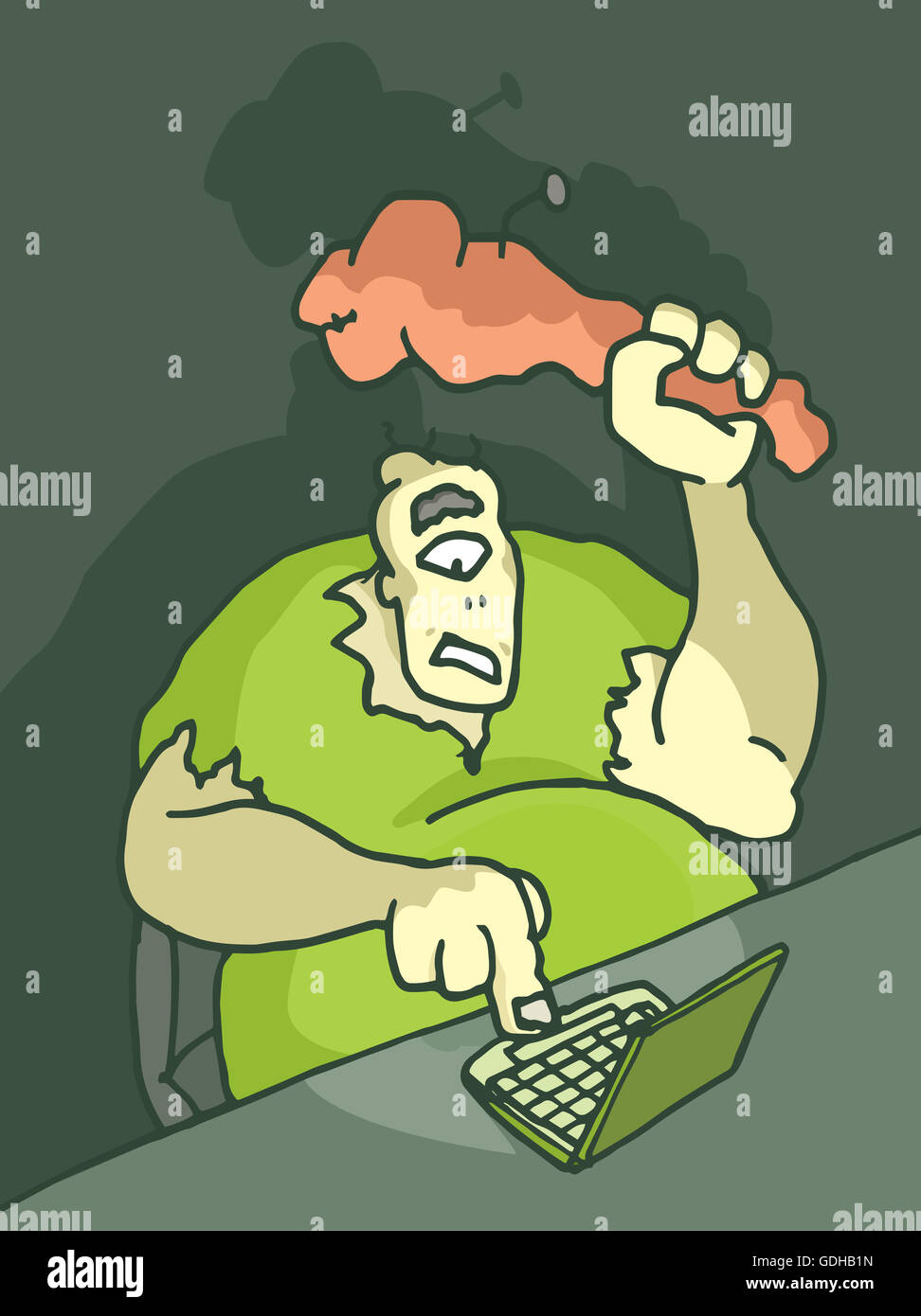Cartoon illustration d'un troll en face de l'ordinateur à la traîne Banque D'Images
