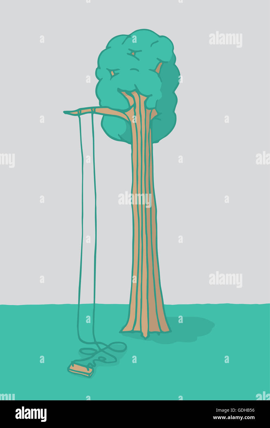 Cartoon illustration de rocking chair inutile suspendue à un grand arbre Banque D'Images