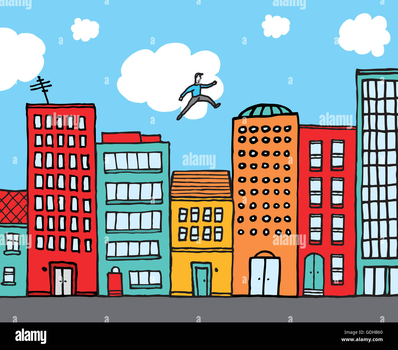 Cartoon illustration d'un homme sautant bâtiments dans un paysage urbain Banque D'Images