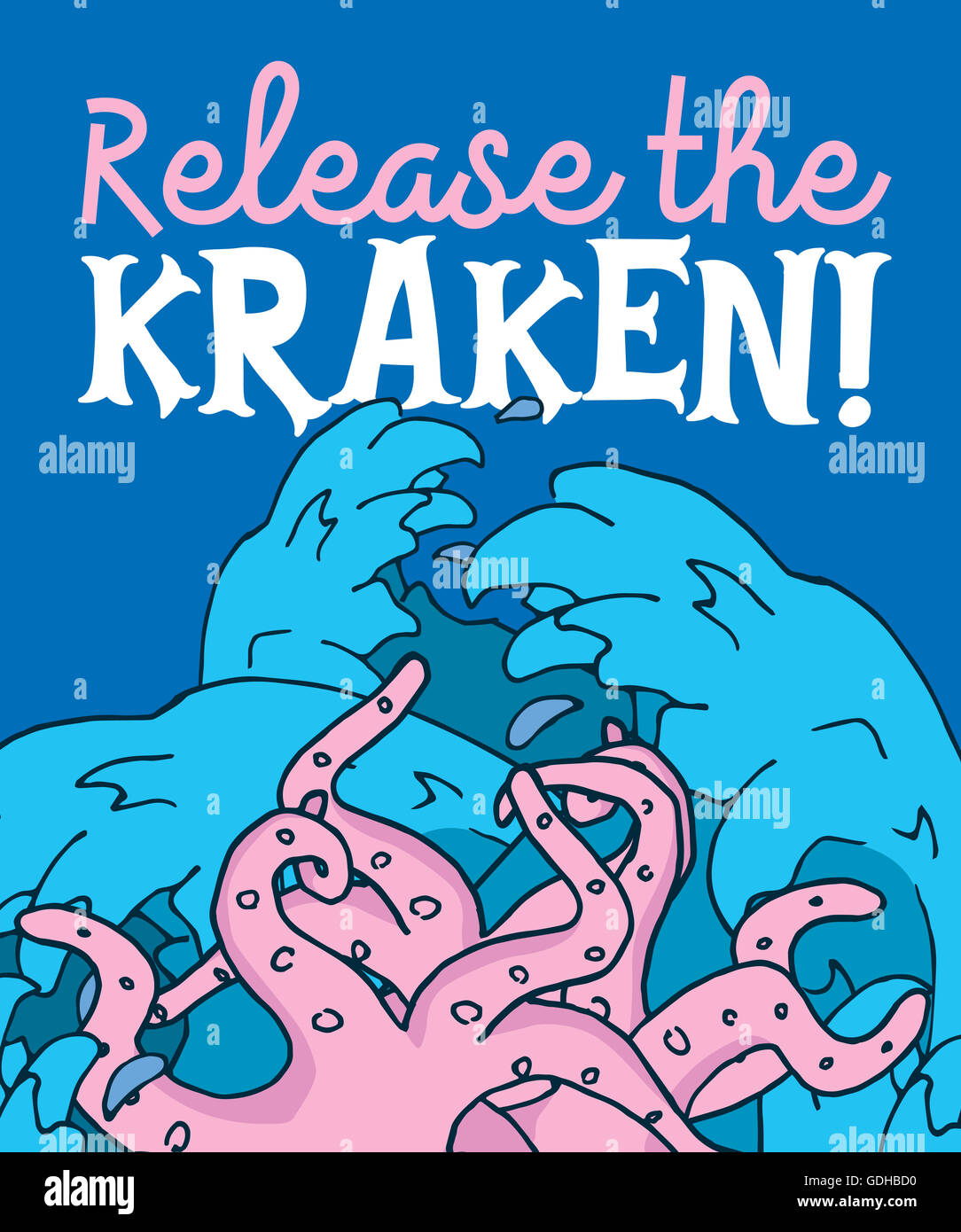 Cartoon illustration des tentacules du Kraken attaque dans les eaux révoltant Banque D'Images
