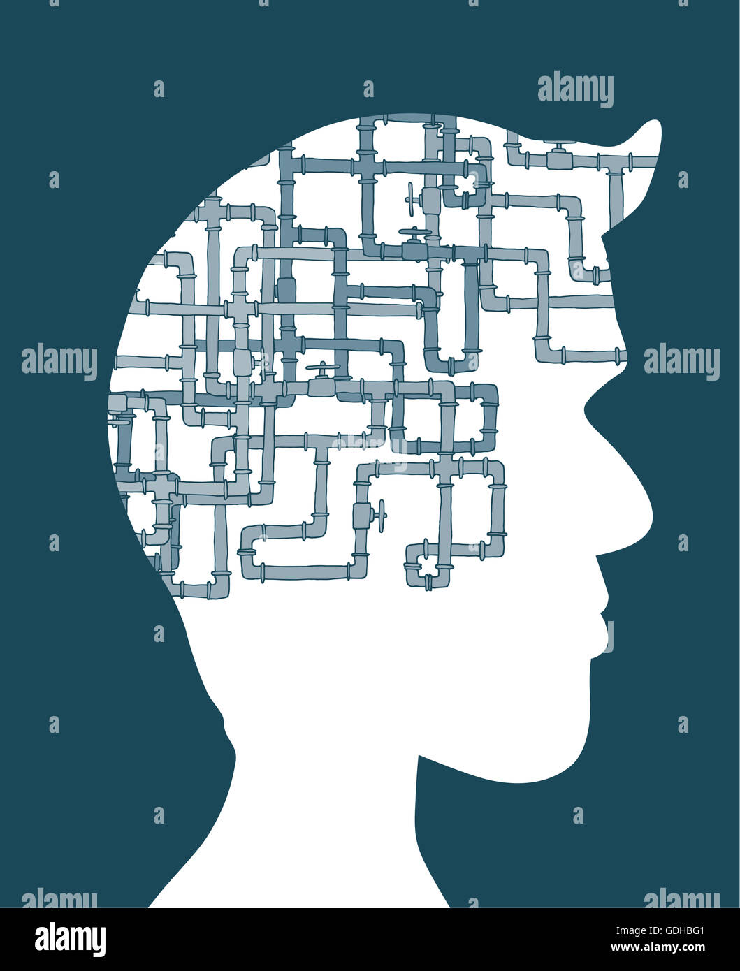 Cartoon illustration du concept de pipeline complexes comme le cerveau ou l'esprit Banque D'Images