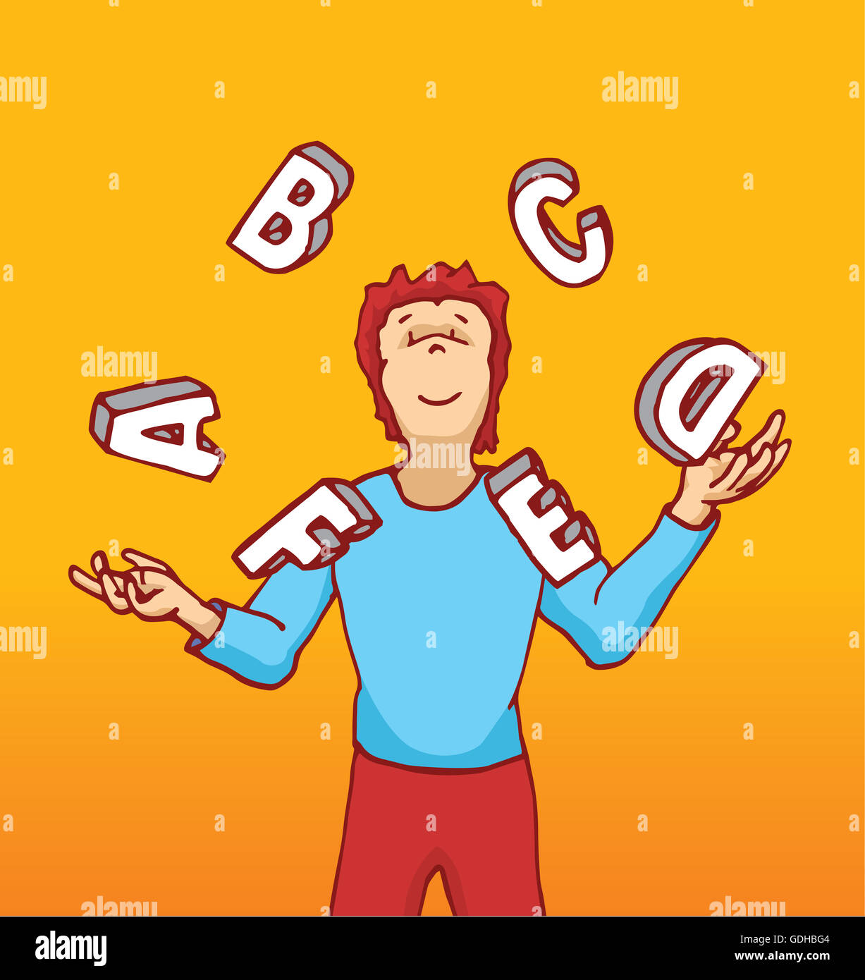 Cartoon illustration de man juggling lettres jouant avec l'éducation ou l'alphabet Banque D'Images