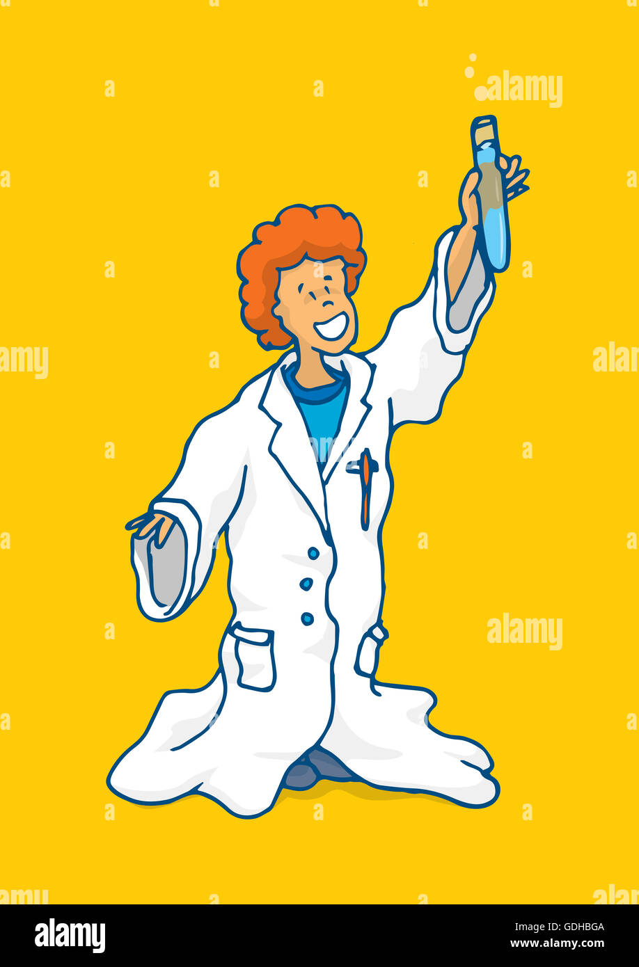 Cartoon illustration de jeune garçon jouant avec la science sarrau et avec tube à essai Banque D'Images