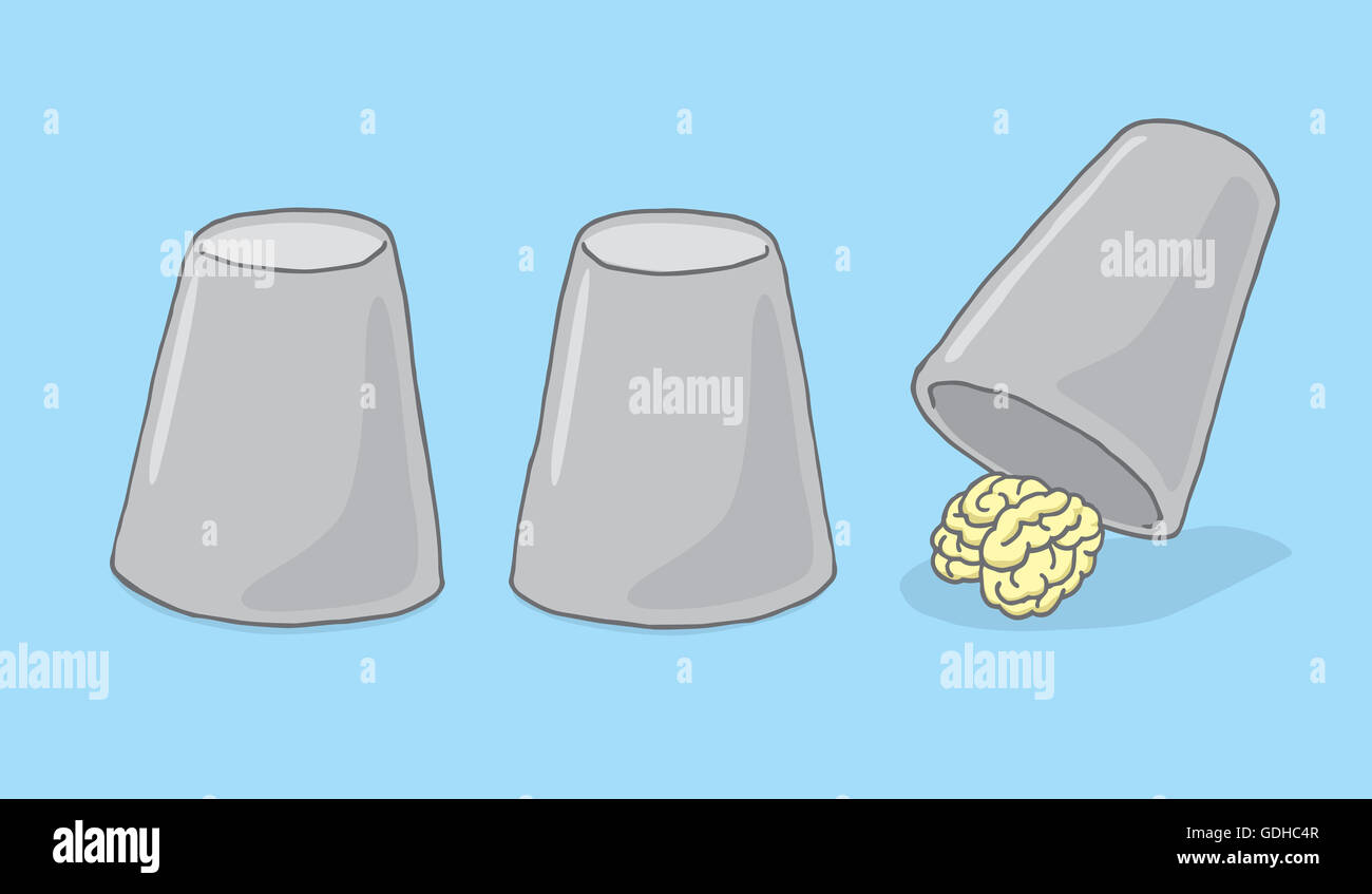 Cartoon illustration du cerveau se cachant sous tasses jeu Banque D'Images