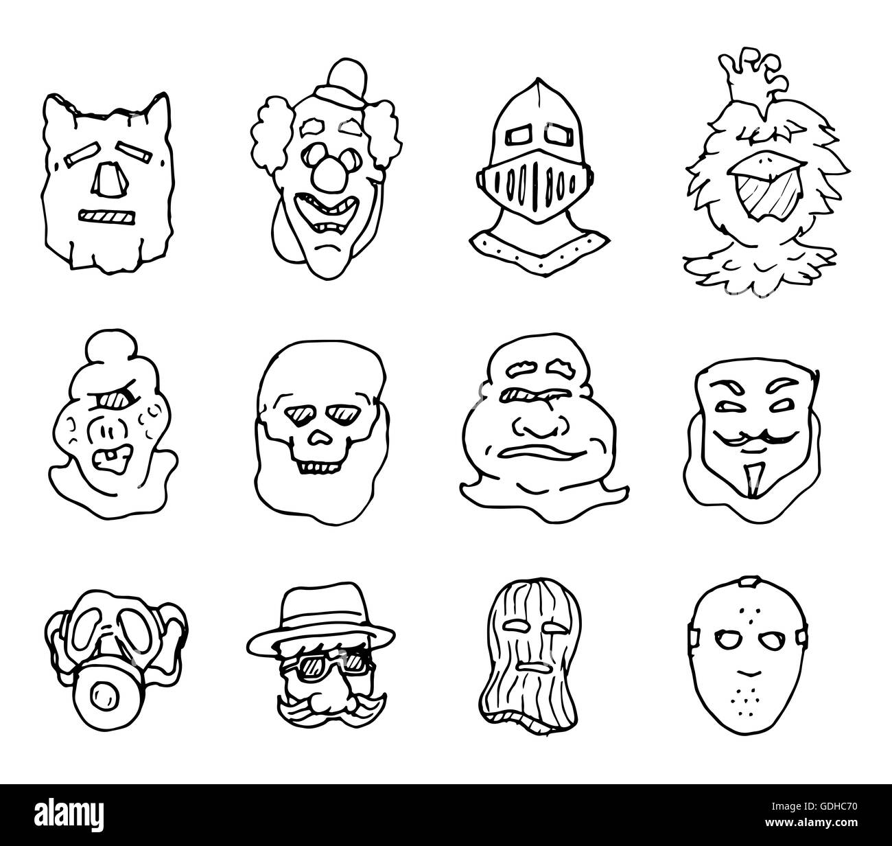 Cartoon illustration des différents types de jeu de masques et de costumes Banque D'Images