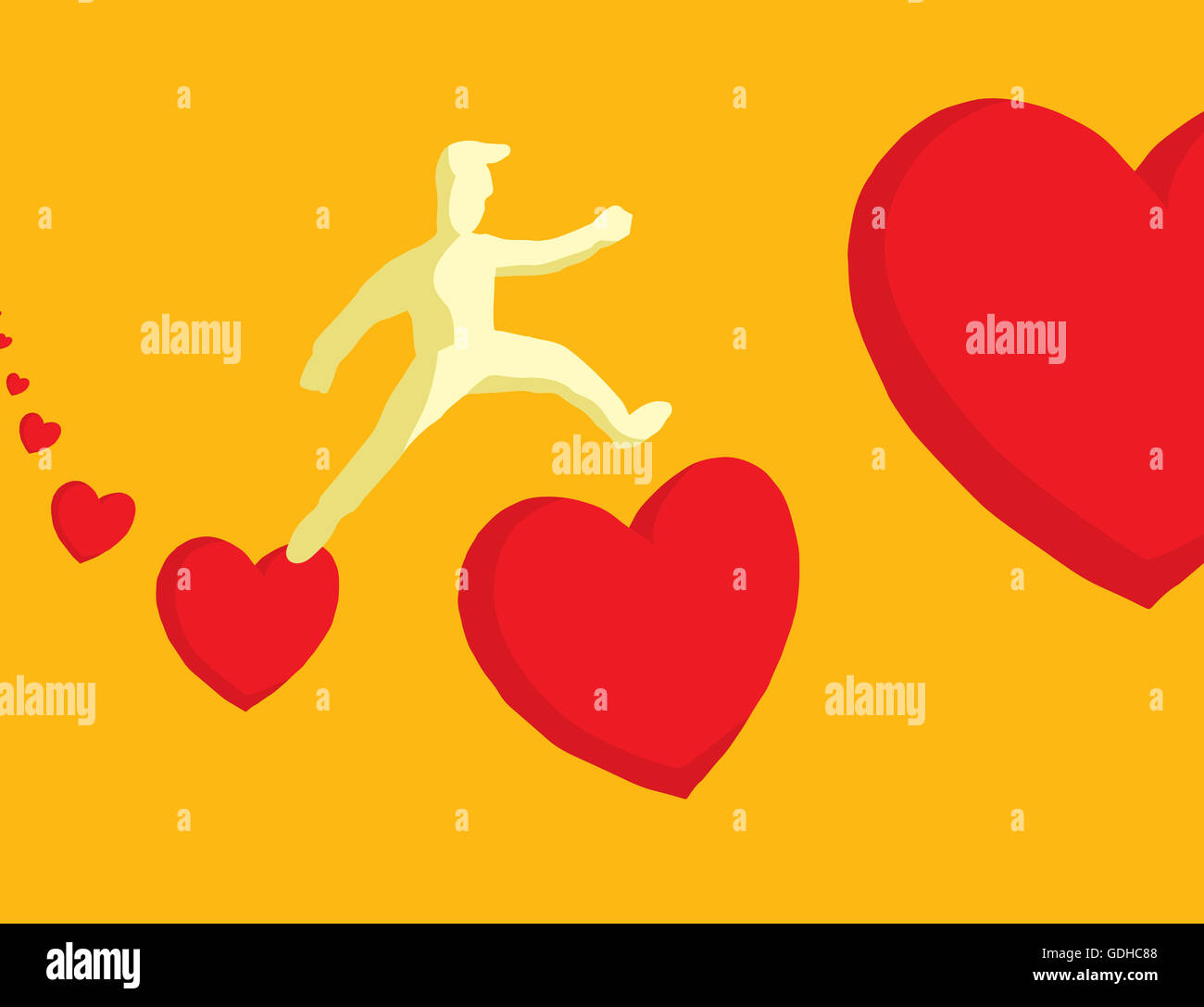 Cartoon illustration de l'homme amoureux sautant entre cœurs Banque D'Images