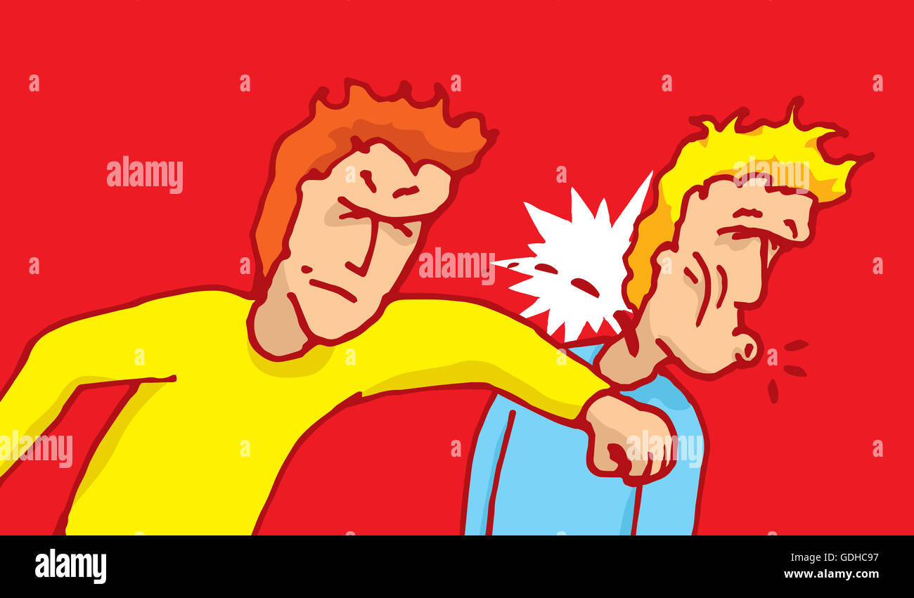 Cartoon illustration de l'homme une autre frappe sur la face dans un combat Banque D'Images