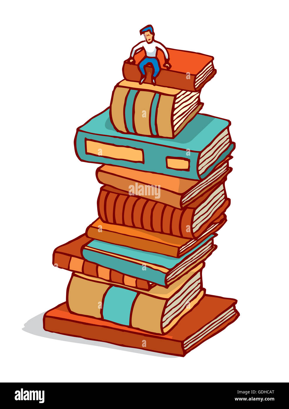 Cartoon illustration de petit homme assis dans la pile de livres de l'éducation édifice Banque D'Images