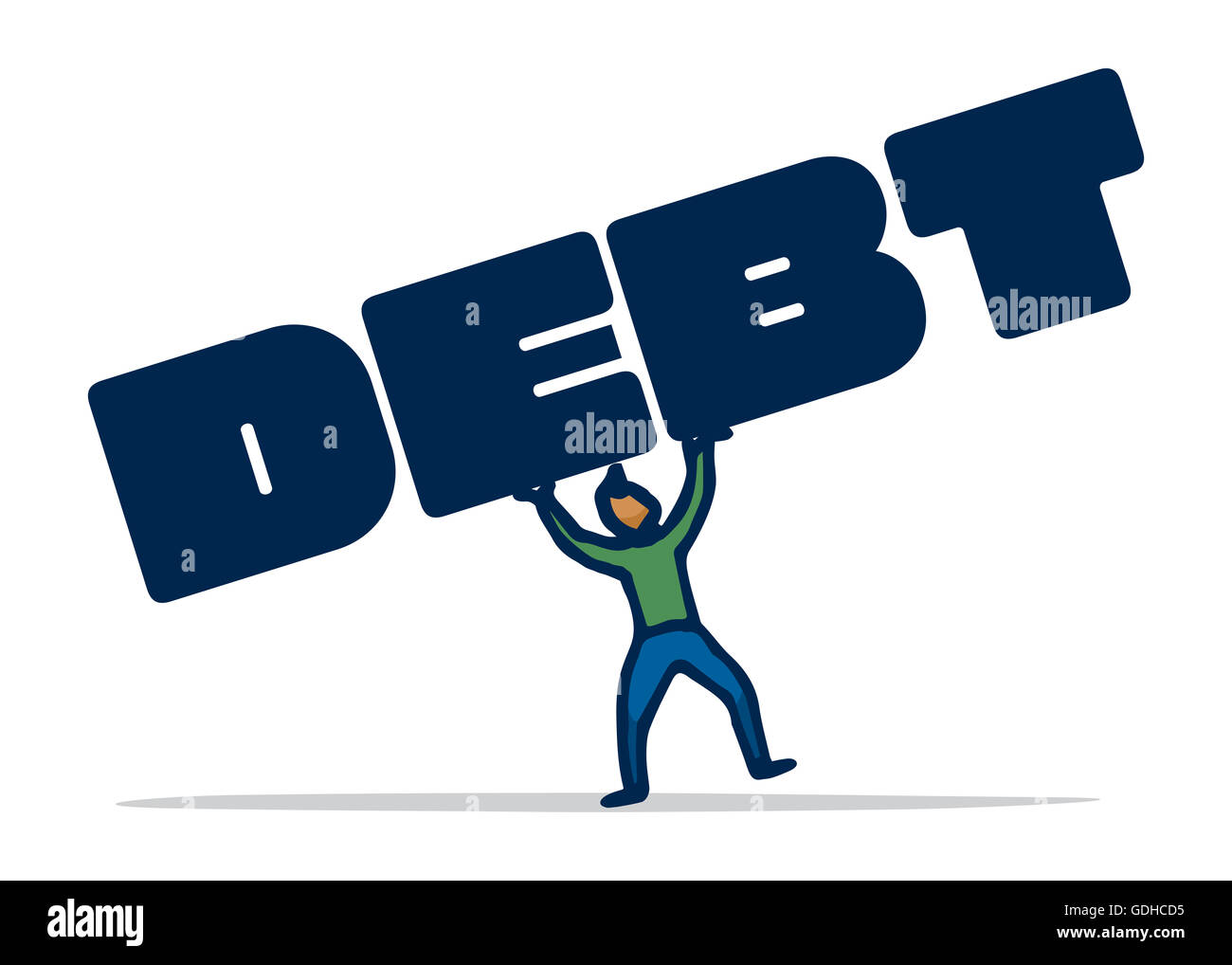 Cartoon illustration de l'équilibre entre l'homme le poids de la souffrance de sa dette Banque D'Images