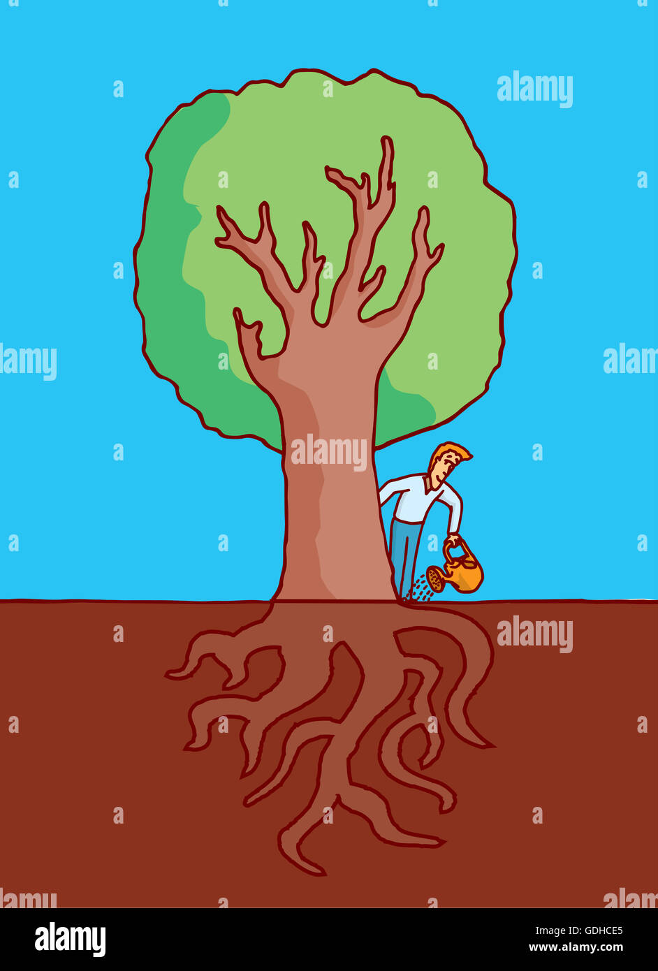 Cartoon illustration de l'homme d'arroser un grand arbre avec des racines sous terre Banque D'Images