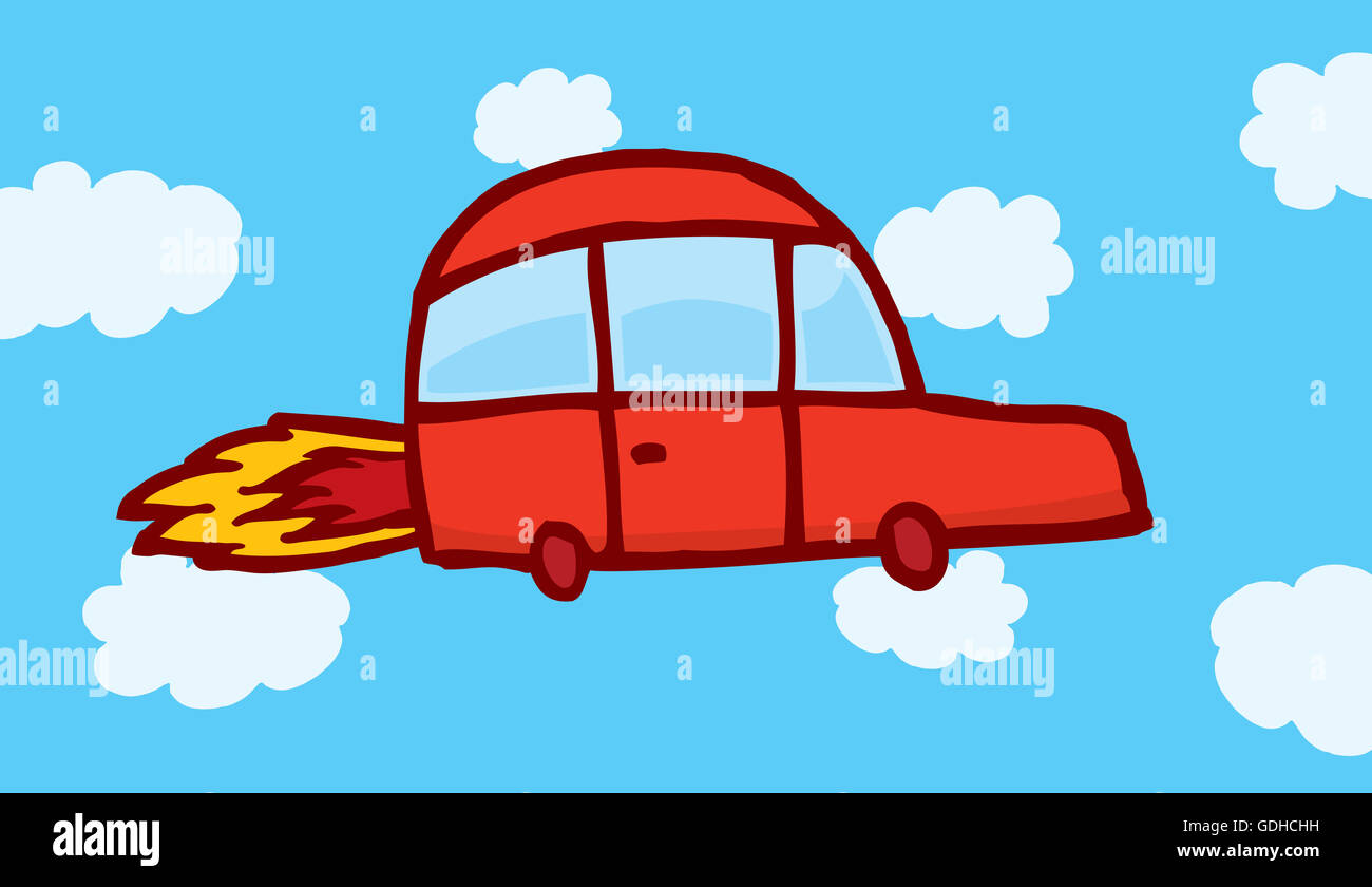 Cartoon illustration d'une voiture volante futuriste sur ciel nuageux Banque D'Images