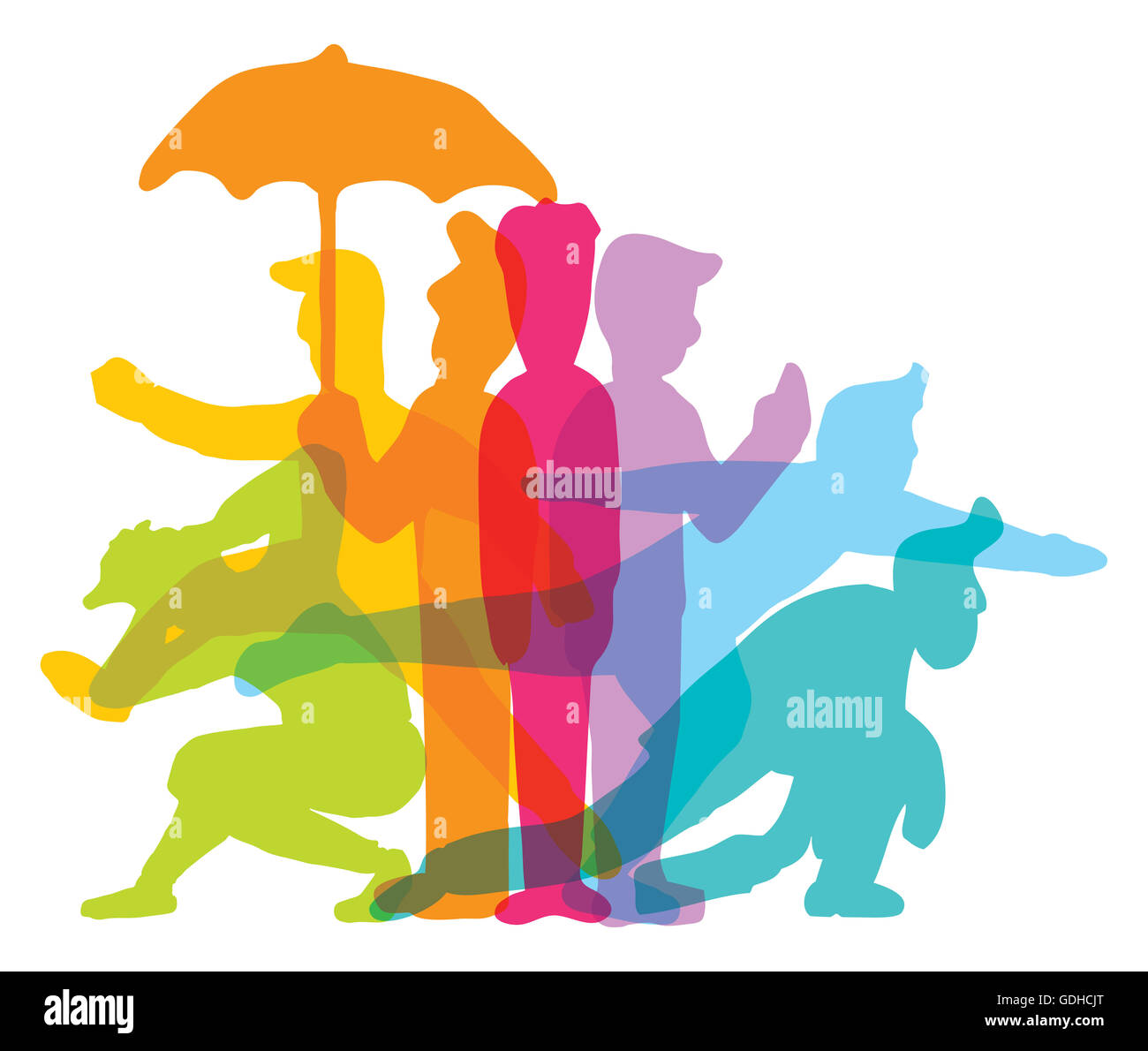 Cartoon illustration de l'homme actif d'effectuer différentes actions en différentes couleurs Banque D'Images
