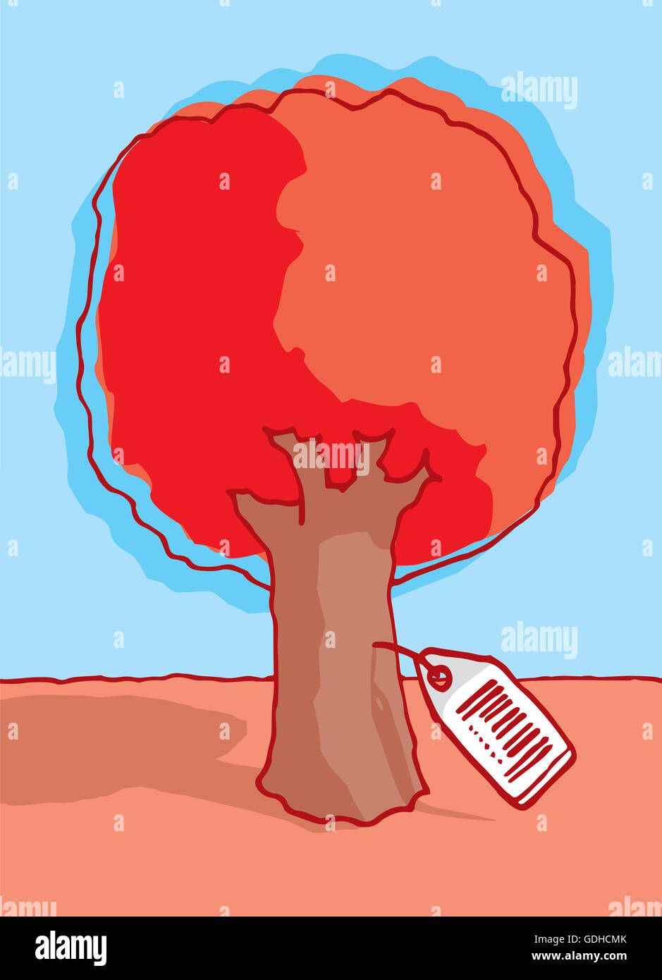 Cartoon illustration d'un arbre avec étiquette de prix comme ressource précieuse Banque D'Images