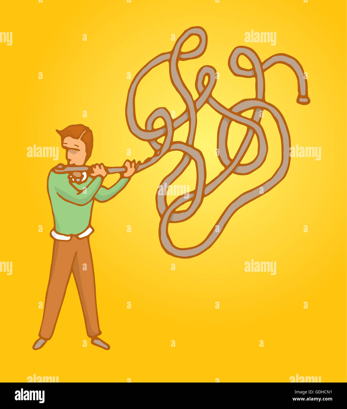 Cartoon illustration de l'homme jouant de la musique ou d'improviser sur une flûte complexe enchevêtrée Banque D'Images