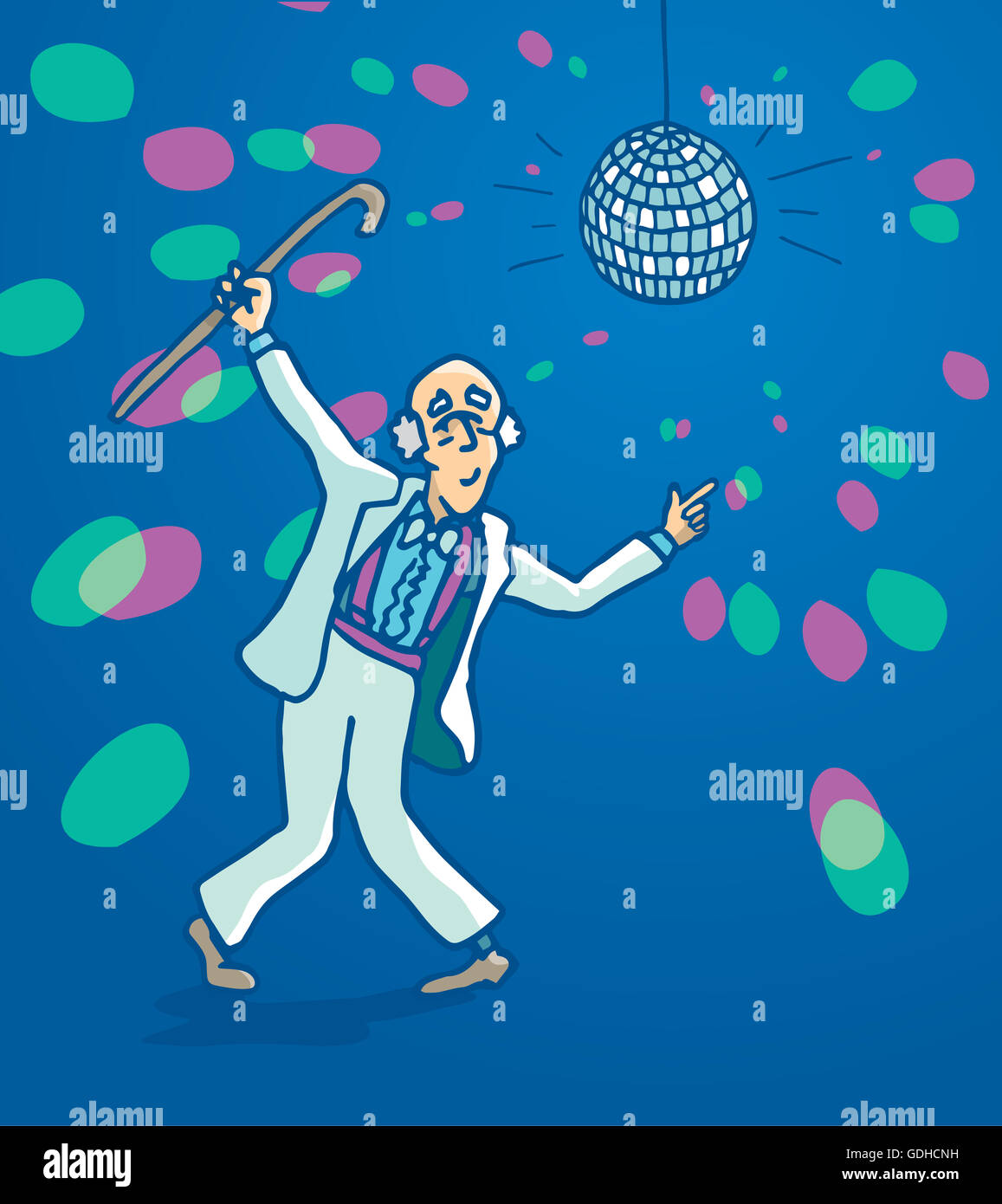 Cartoon illustration d'un homme drôle senior en discothèque Banque D'Images