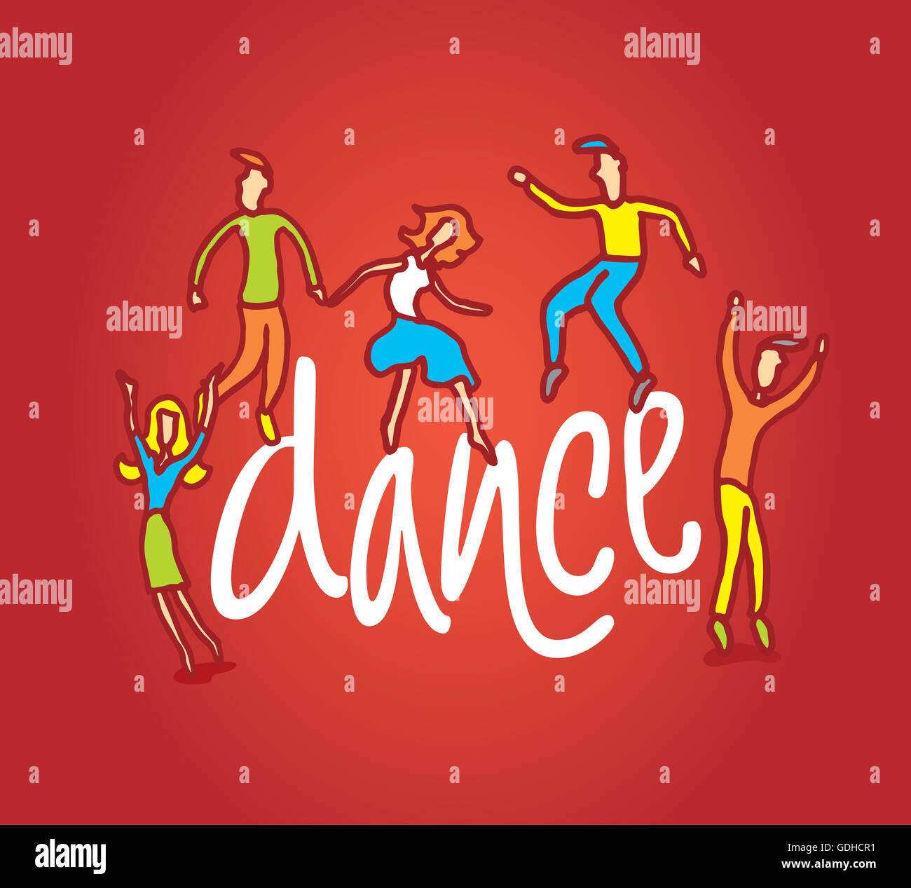 Cartoon illustration de gens heureux de danser et de sauter autour de Banque D'Images