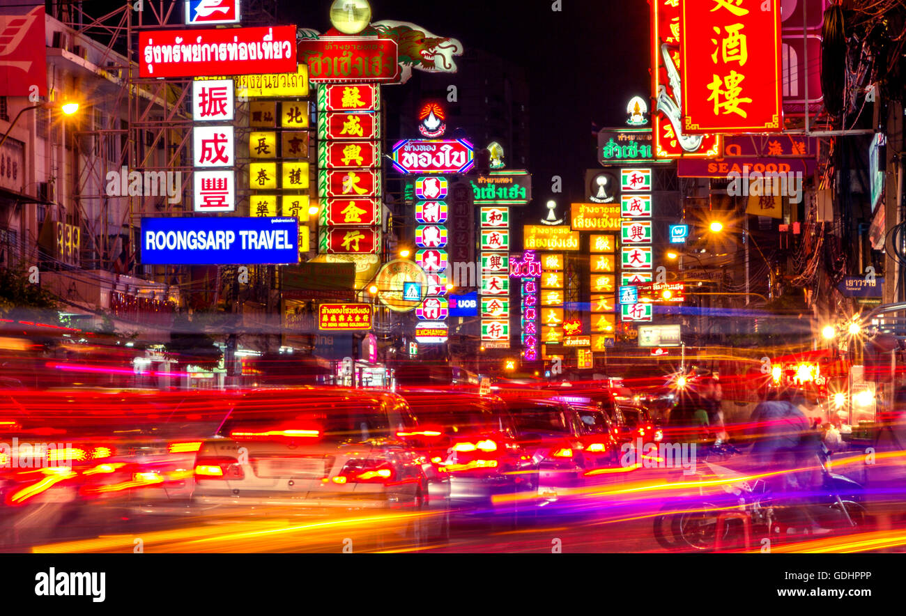 Le China Town à Yaowarat Road. Belle de nuit, Thaïlande Banque D'Images