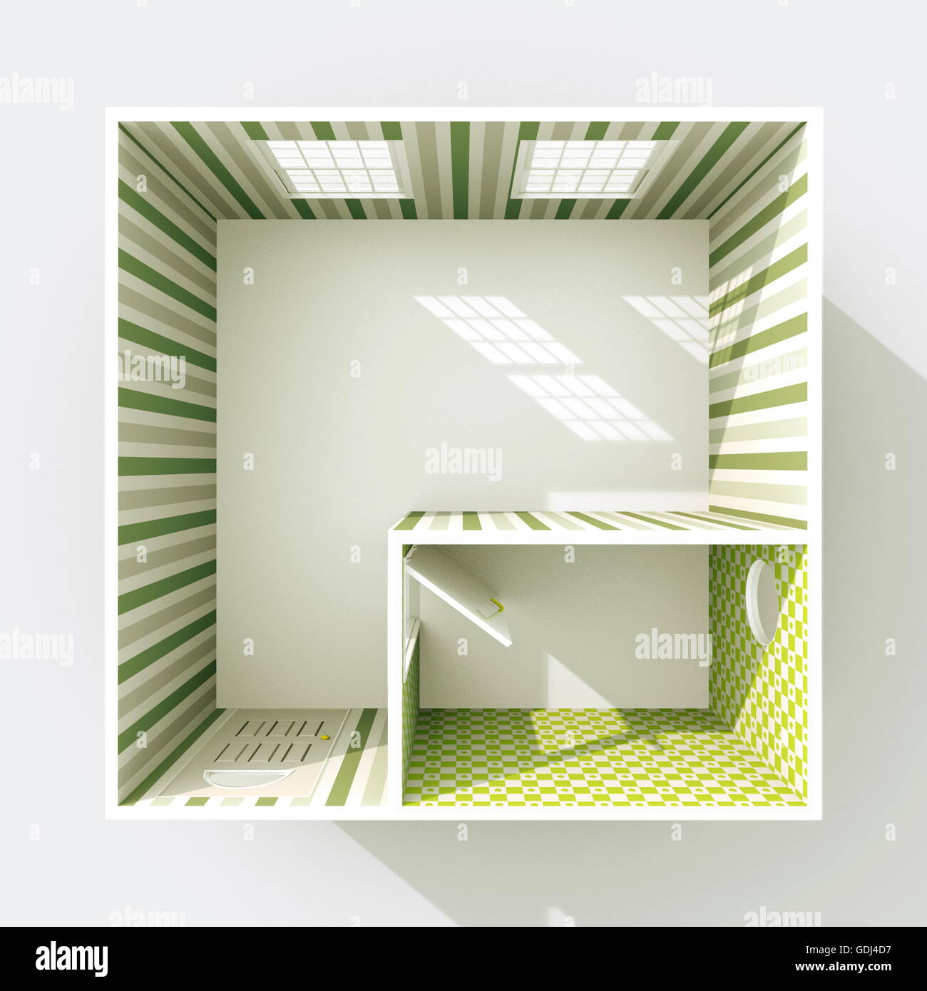 Le rendu 3D Intérieur vue en plan du vide accueil appartement avec papier peint à rayures vert materials Banque D'Images