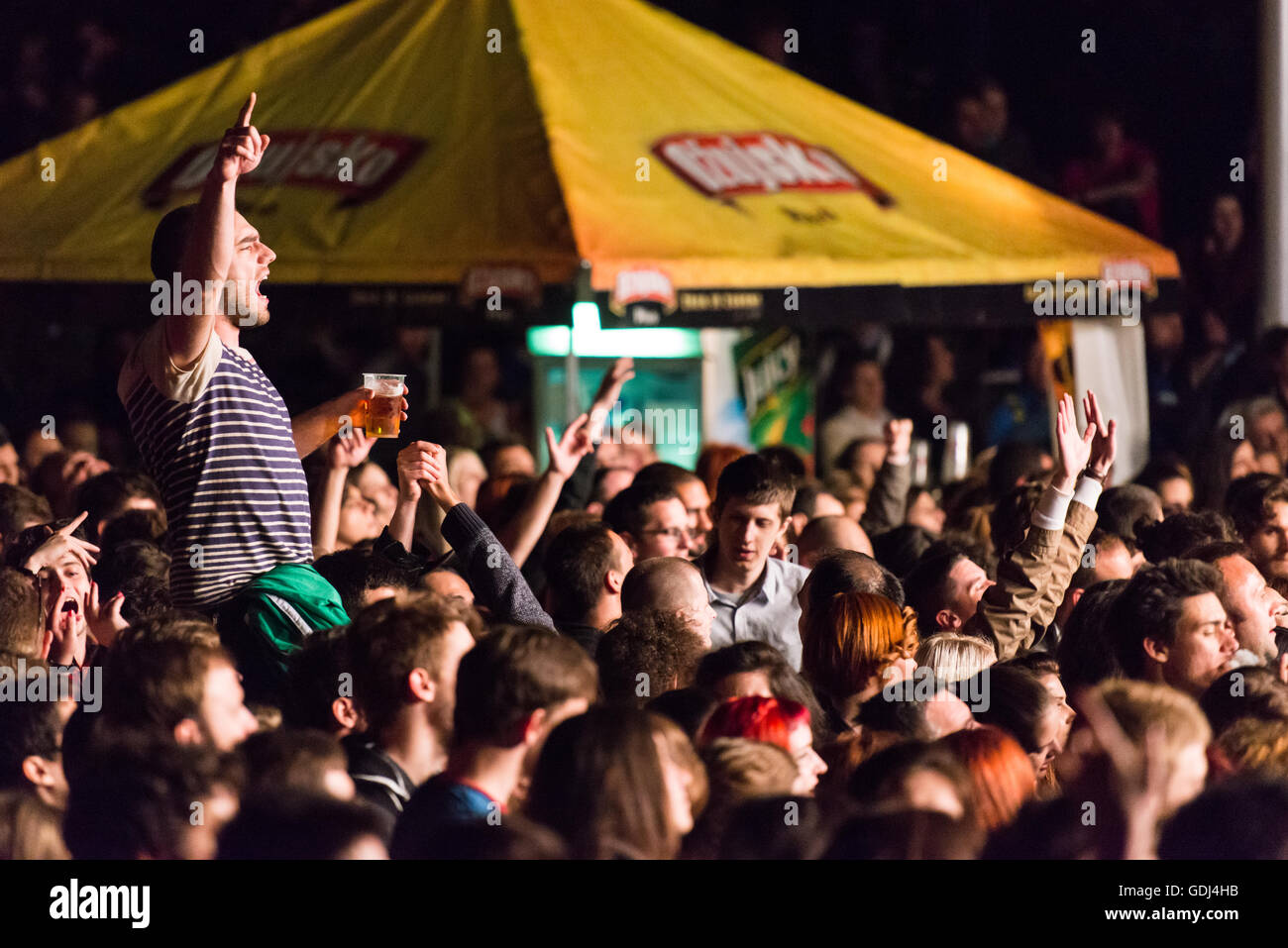 Auditoire extatique au concert de rock de nuit @ Zagreb, Croatie, Europe, 2014 Banque D'Images