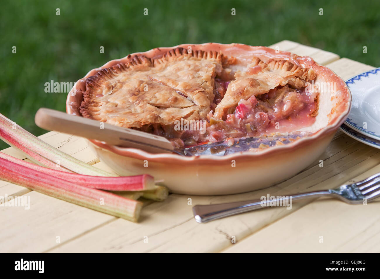 Tarte à la rhubarbe fraîchement cuit, tranché et prêt à servir sur une table jaune avec fond herbeux Banque D'Images