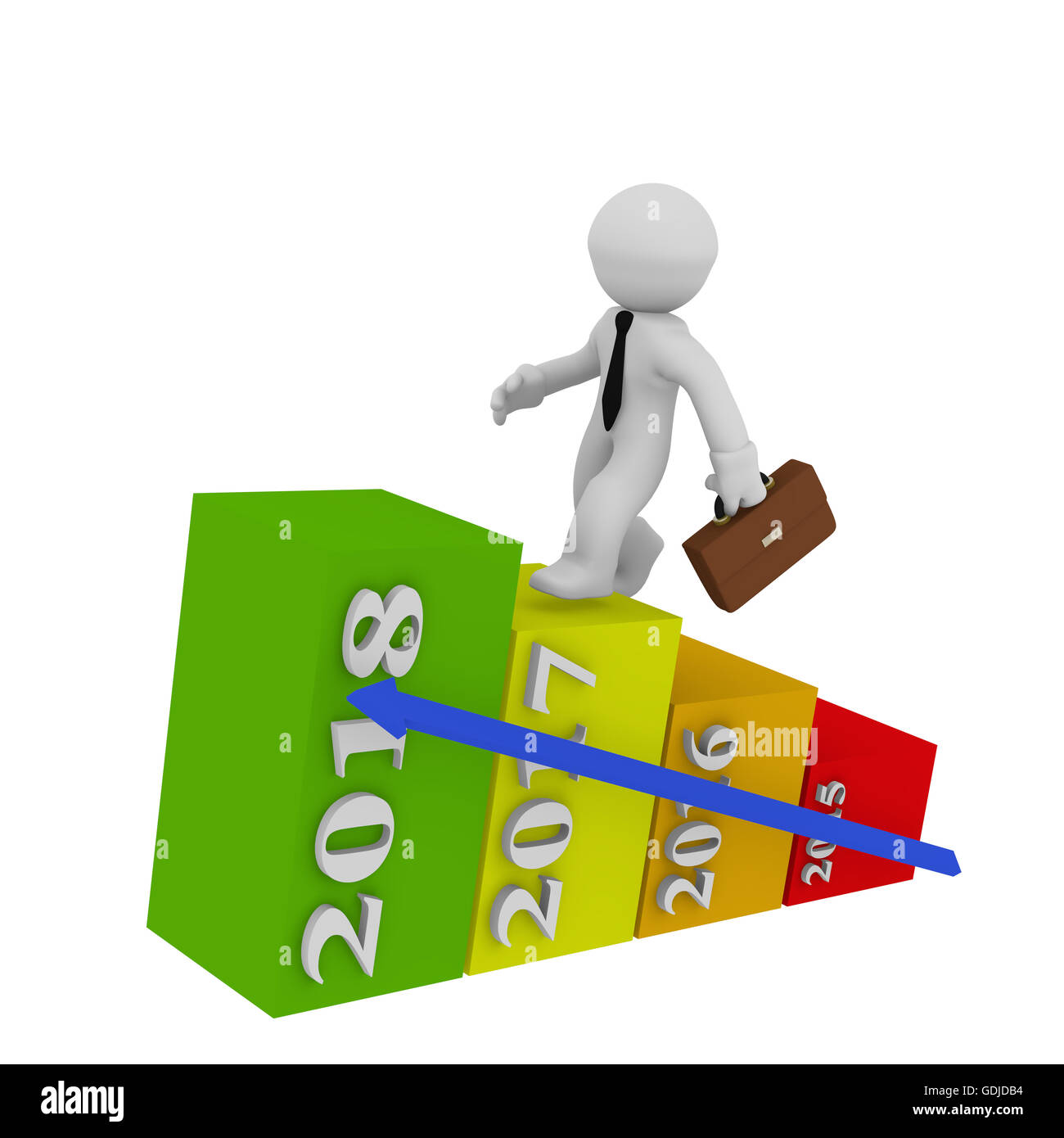 Businessman jumping le haut des escaliers à viser haut sur les graphiques colorés, 3D Rendering Banque D'Images