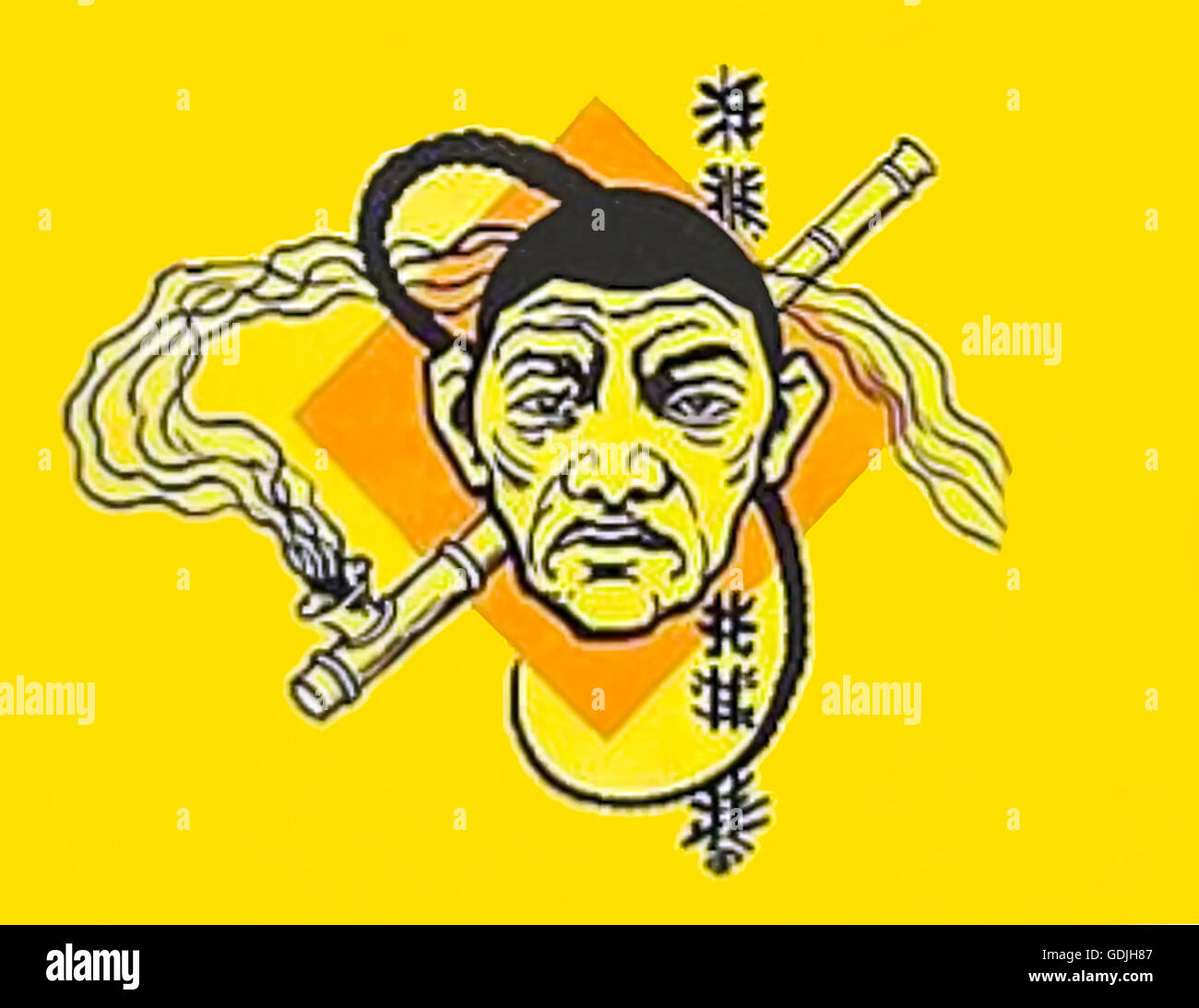 Caricature d'un Chinois avec une 'Queue' tressé fuseaux et fumer une pipe d'opium à partir de l'affiche "Le Roi de l'anneau d'Opium" jouer par Chas A Taylor produit par Chas E Blaney. Voir la description pour plus d'informations. Banque D'Images